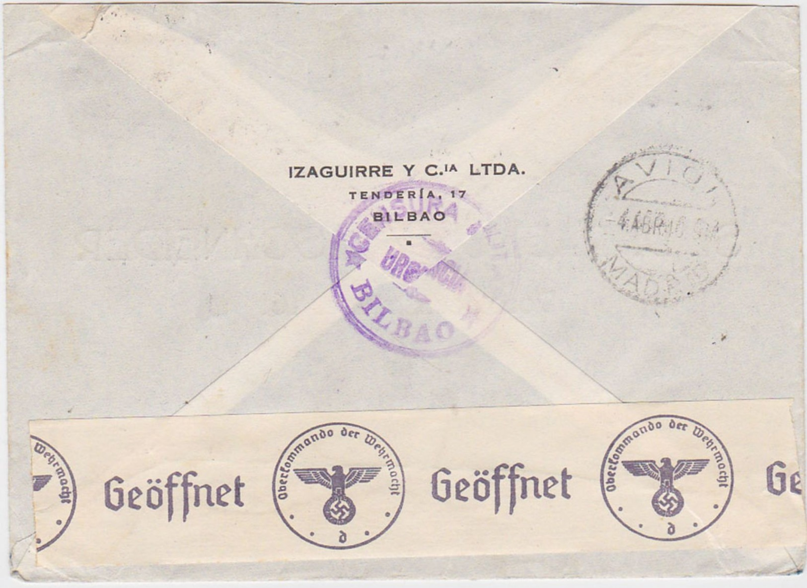 SPAIN 1940 (2.4.) COMMERC.AIRMAIL COVER BILBAO (censored) TO HAMBURG GERMANY (censored) - Otros & Sin Clasificación