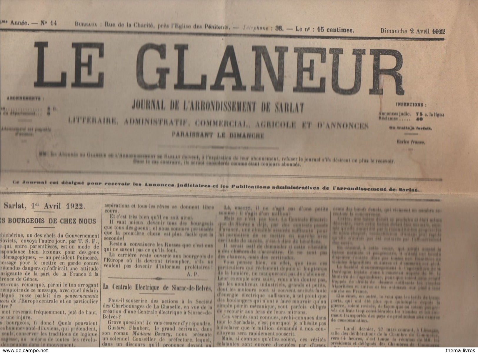 Sarlat (24 Dordogne) Journal  LE GLANEUR Du 2 Avril 1922 (PPP6375) - Andere & Zonder Classificatie