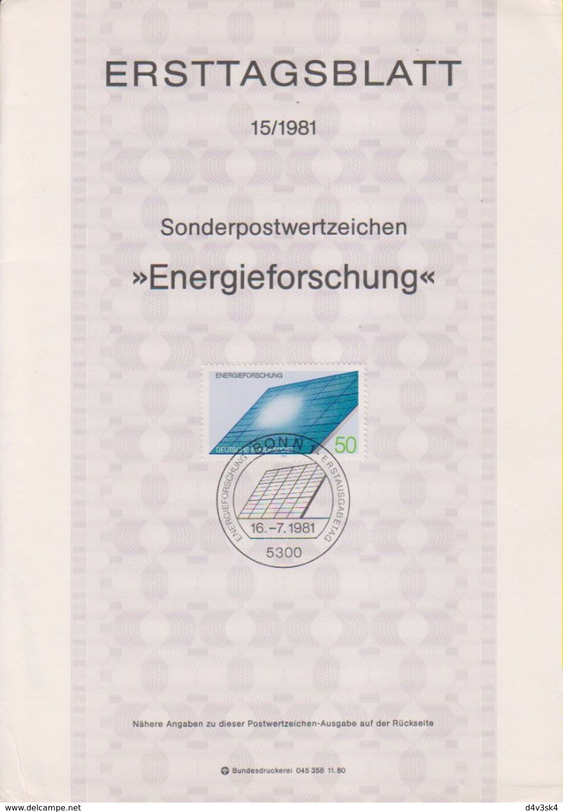 Germany Ersttagsblatt 1981 Bonn Erneuerbare Energien Sonnenkollektor Renewable Energy Solar Panel Energie Panneau Solair - Environment & Climate Protection