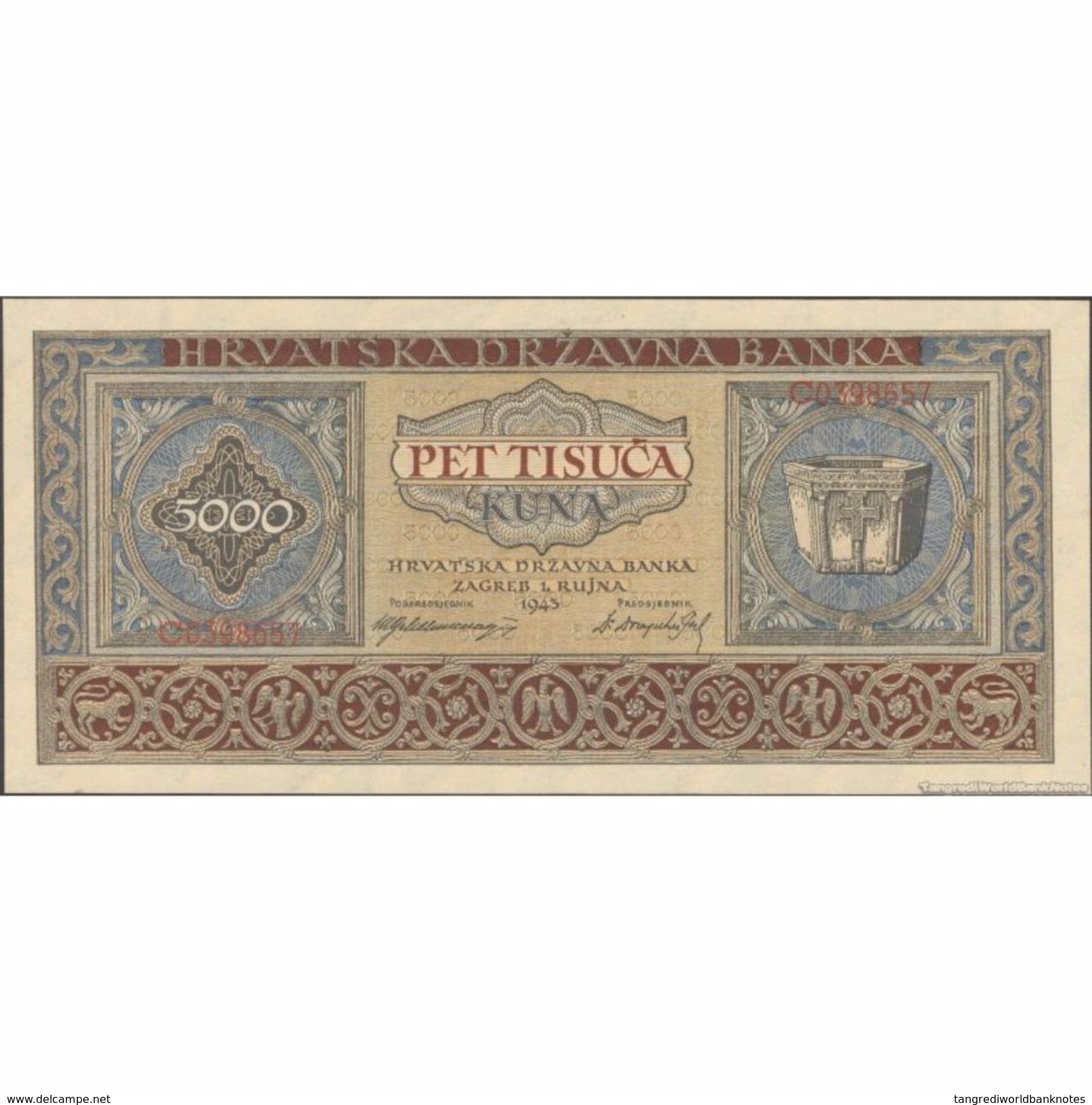 TWN - CROATIA 13a - 5000 5.000 Kuna 1.9.1943 Prefix C AU/UNC - Croatie