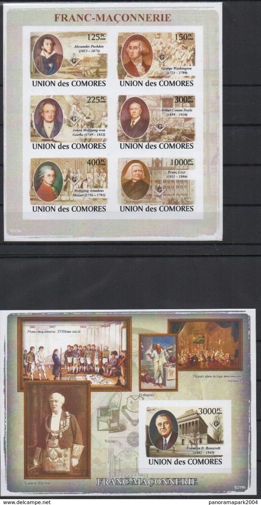 Comores Comoros Komoren 2008 Franc-maçons Freimaurer Freemasonry Mi. VIII-XIII Bl. II IMPERF Unissued Mozart Washington - Comoros