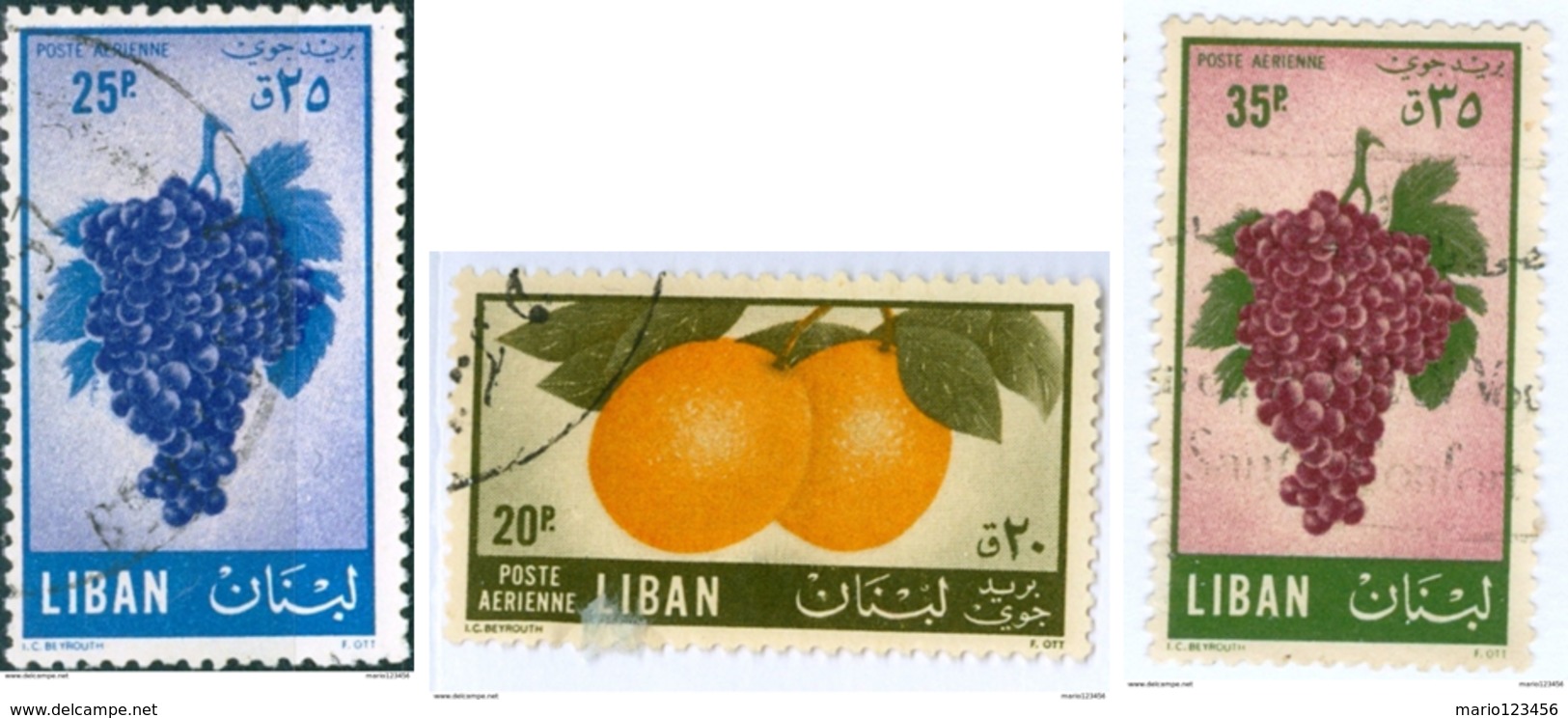 LIBANO, LIBAN, LEBANON, POSTA AEREA, AIRMAIL, FLORA, FRUTTA, FRUITS, 1955, USATI,  YT PA121-PA123 Scott,C214-C216 - Liban