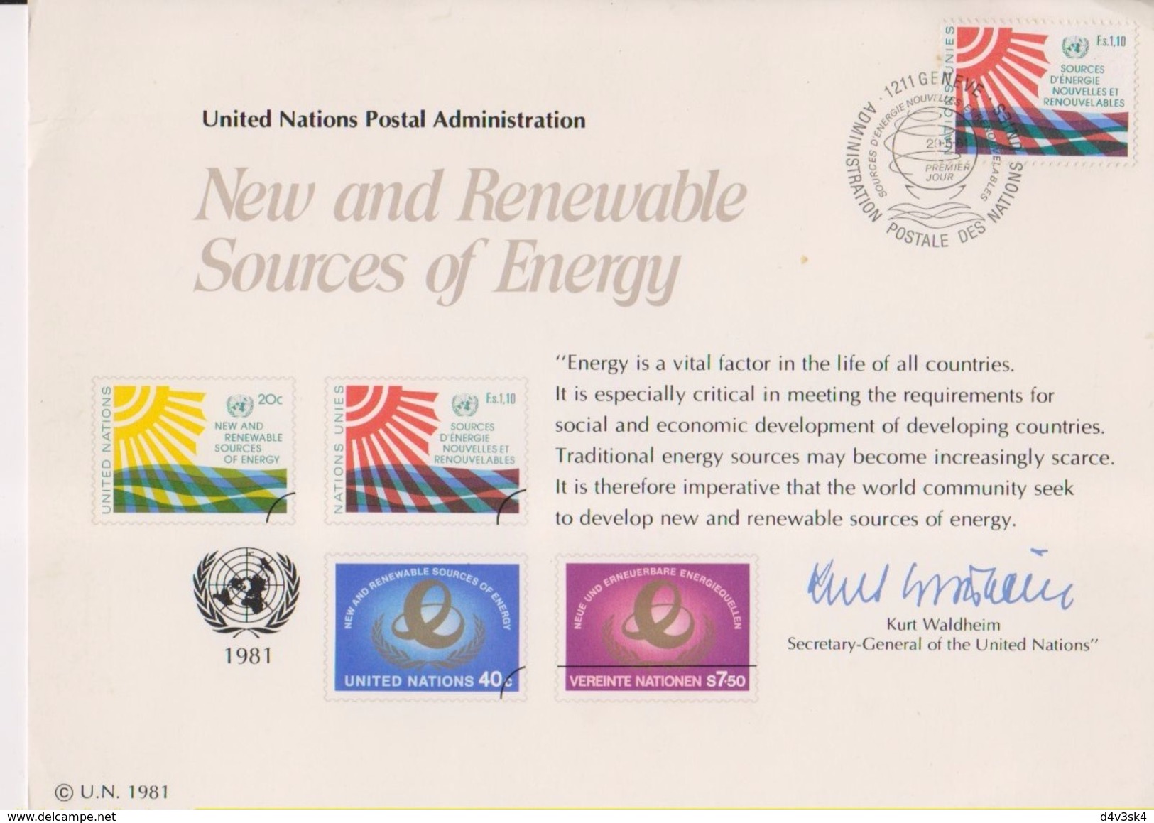 United Nations 1981 Geneve FDC Renewable Energy Erneuerbare Energien  Energie Renouvelable Energia Rinnovabile - Environment & Climate Protection