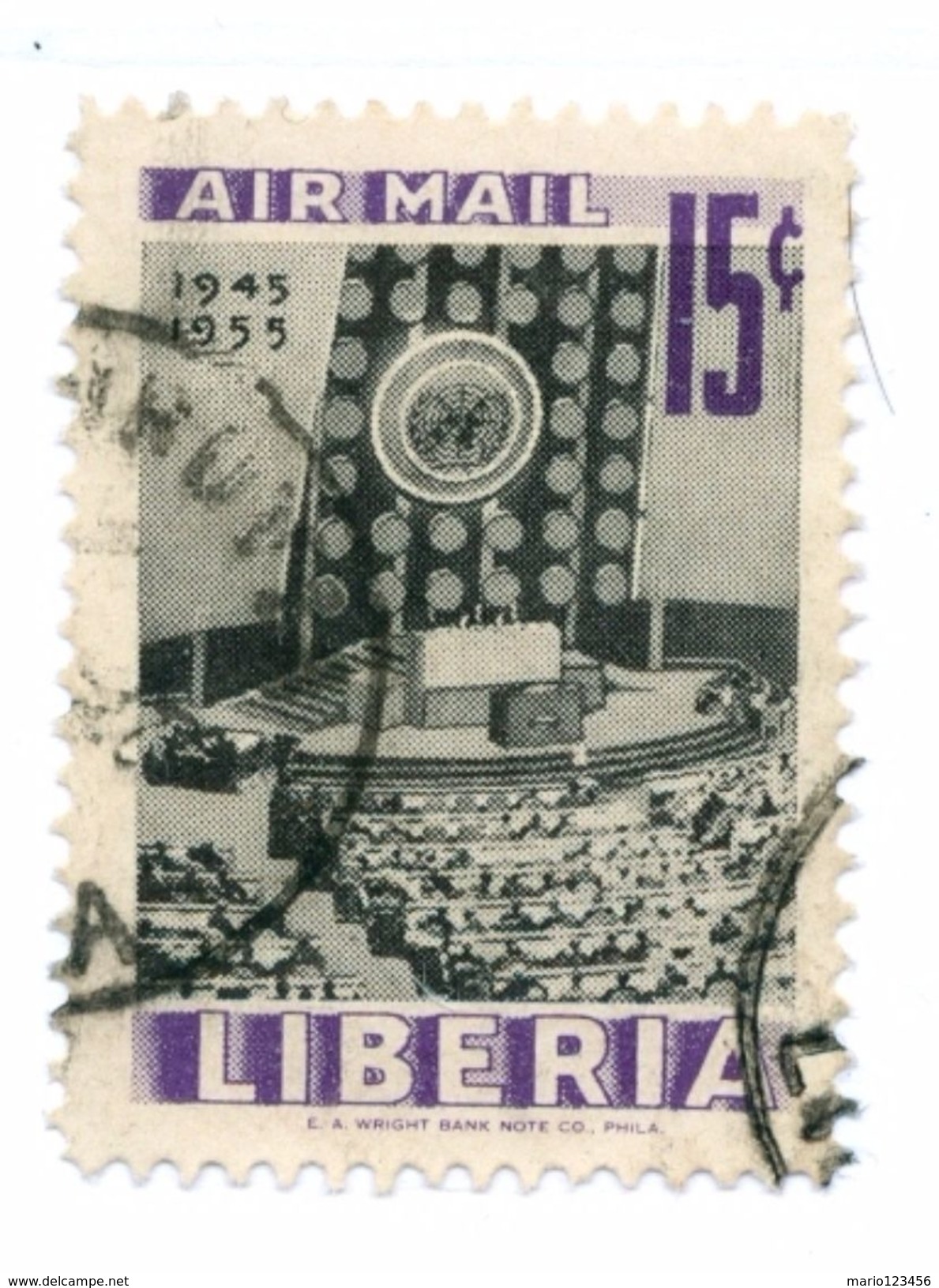 LIBERIA, POSTA AEREA, AIRMALIL, COMMEMORATIVO, NAZIONI UNITE, 1955, FRANCOBOLLI USATI  Yvert Tellier PA92 Scott C94 - Liberia