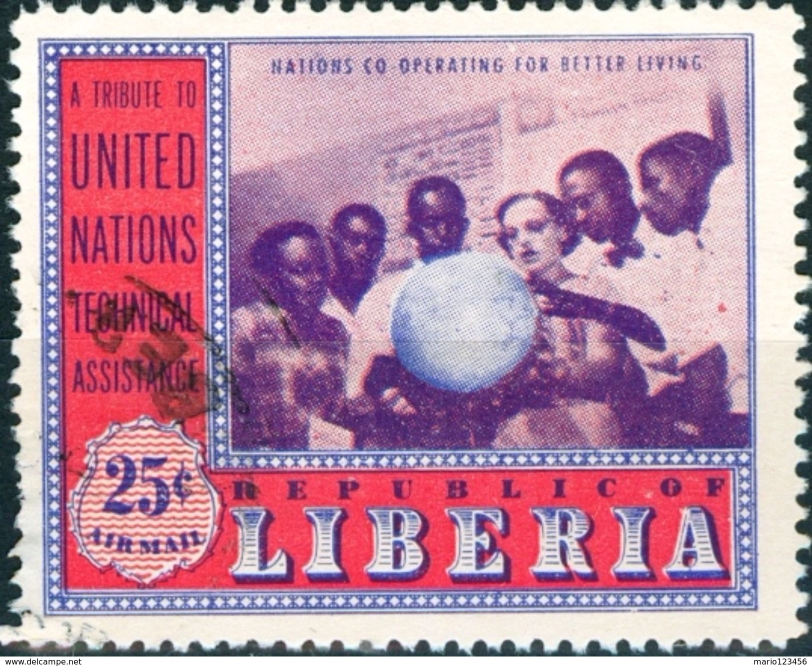 LIBERIA, POSTA AEREA, AIRMALIL, COMMEMORATIVO, NAZIONI UNITE, 1954, FRANCOBOLLI USATI  YT PA85,  Scott C81 - Liberia