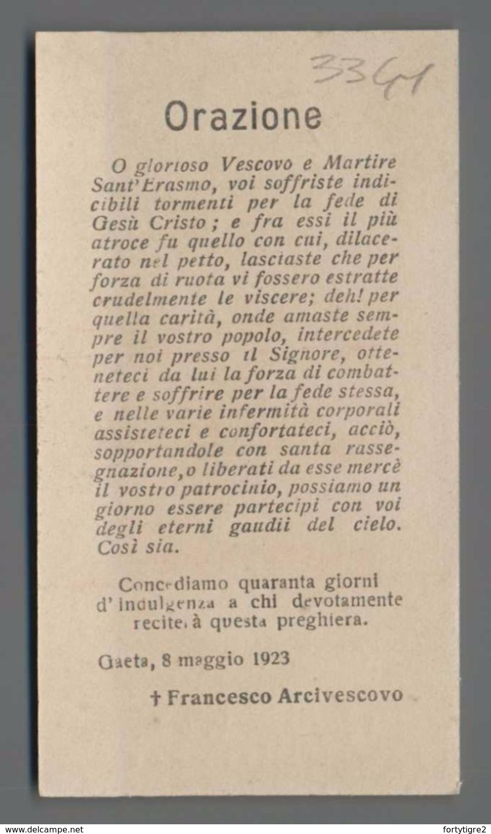 ES3341 S. SAN ERASMO VESCOVO MARTIRE PATRONA DI GAETA ORAZIONE Santino - Religione & Esoterismo