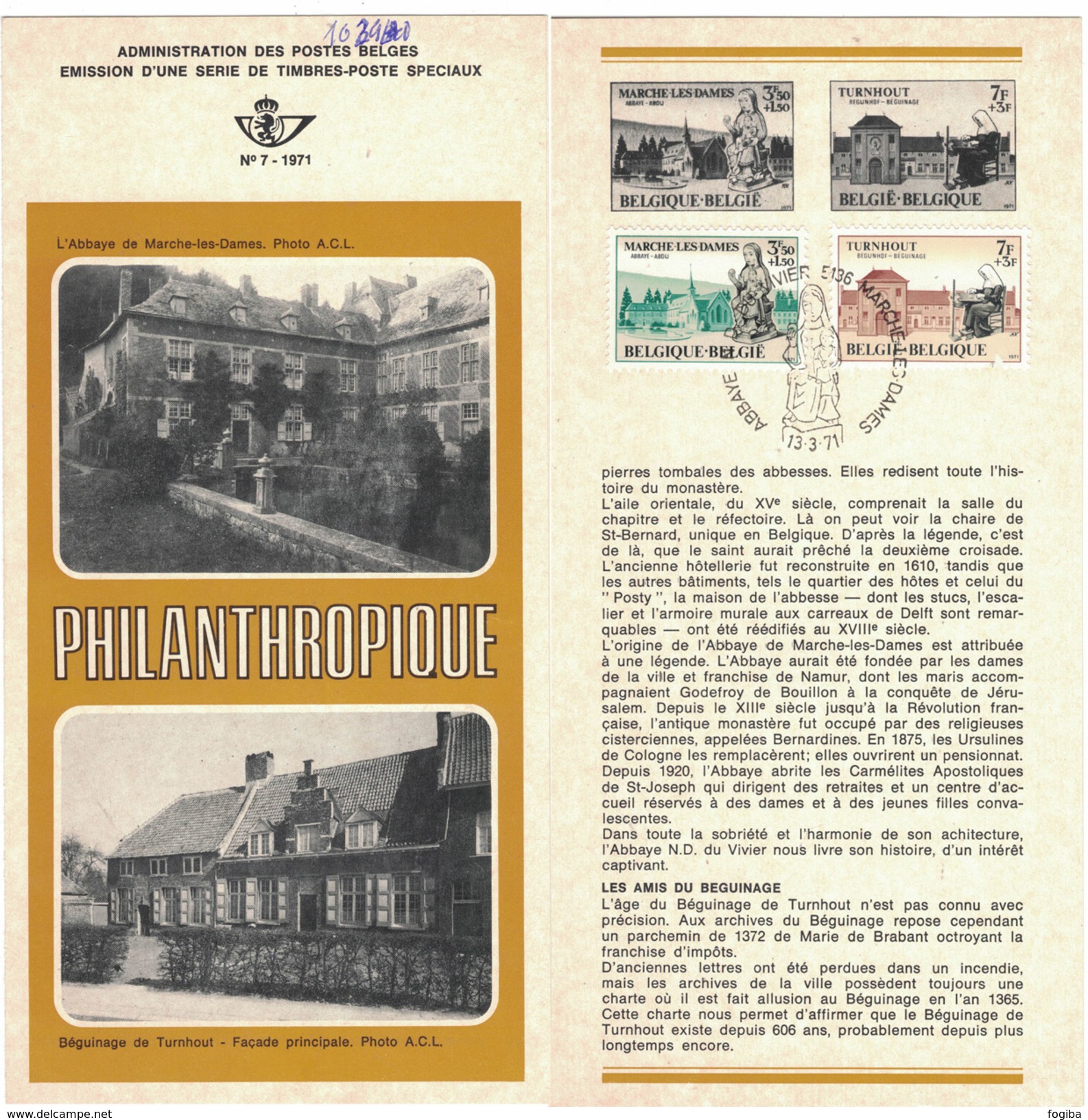 B21    Abbaye De Marche-les-Dames, Béguinage De Turnhout 1971 - Oblitéré Sur Folder Officiel De La Poste - Postkantoorfolders