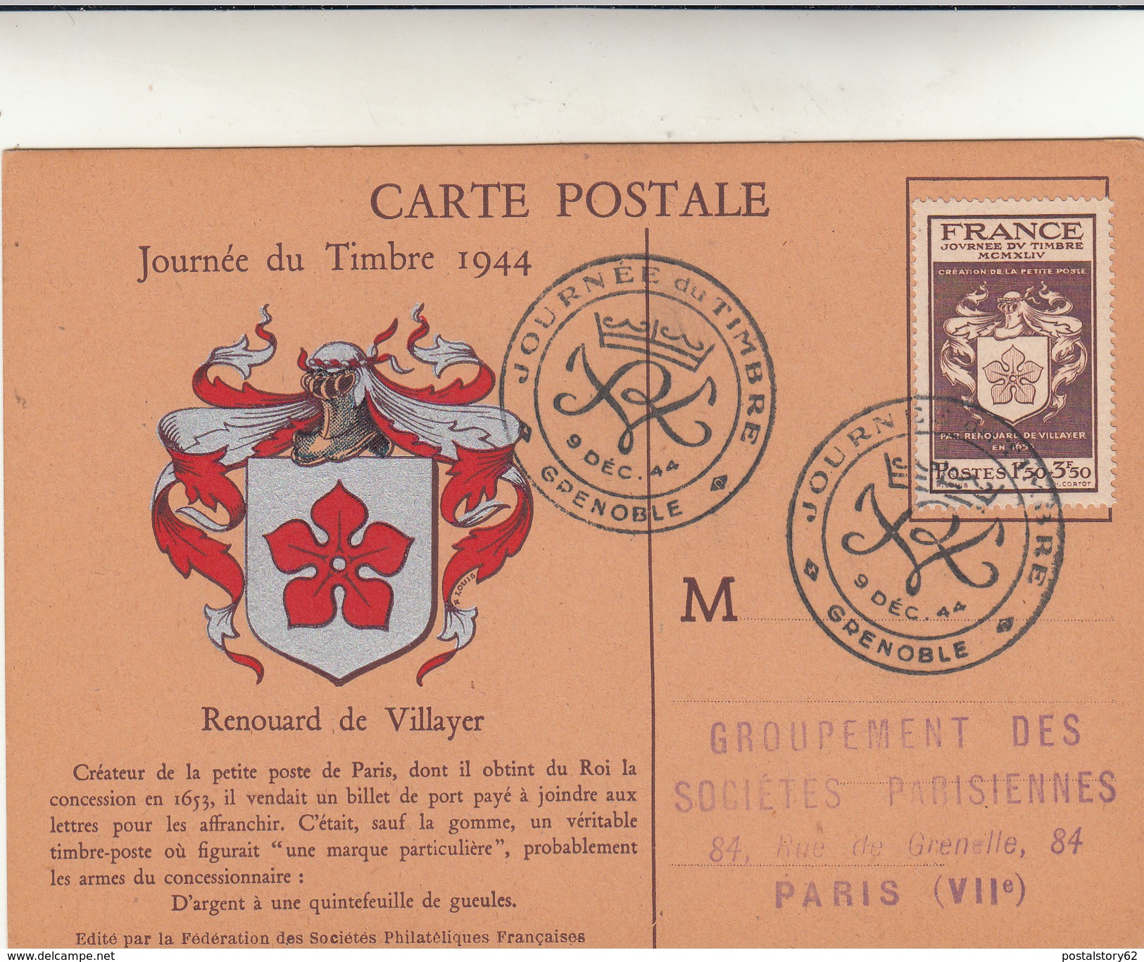 Journée Du Timbre 1944, Carte Postale. Renouard De Villayer. Grenoble - Altri & Non Classificati