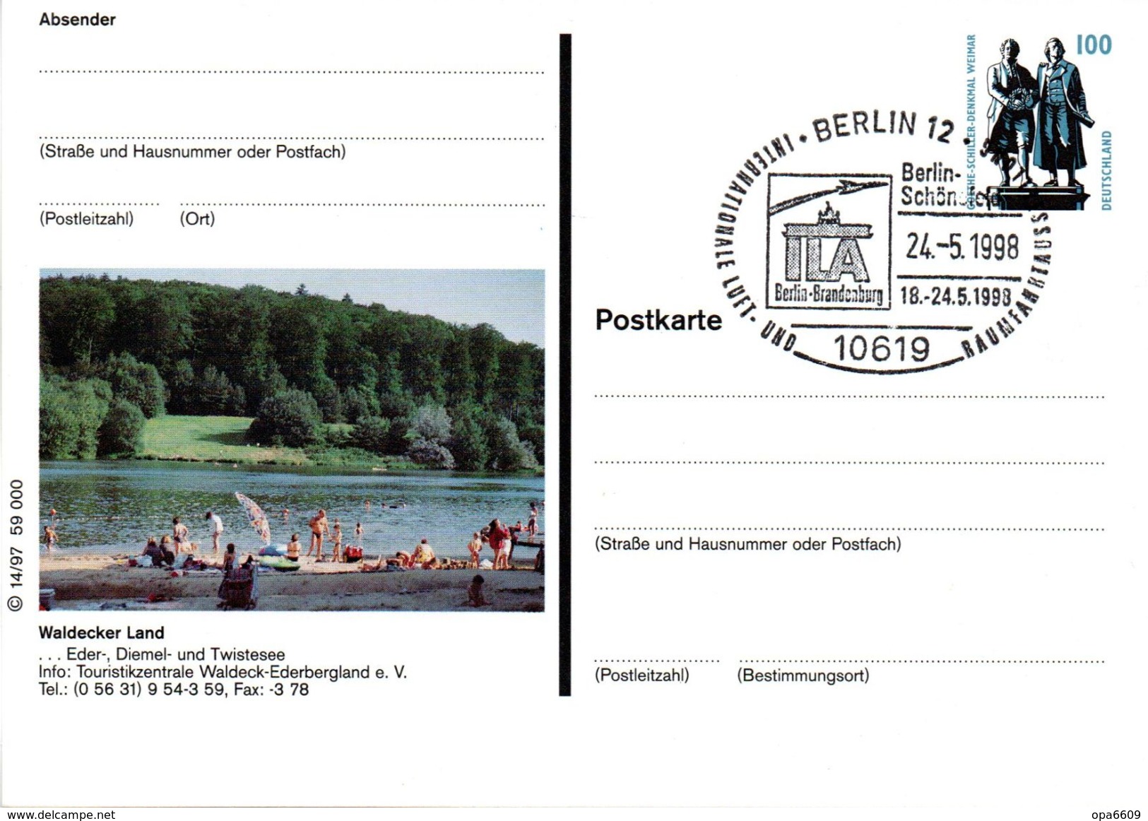 BRD Bildpostkarte 100 Pf. WSt.Goethe-Schiller-Denkmal P158 1997/14 "Waldecker Land - Diemel-Stausee" SST 24.5.98 BERLIN - Cartoline Illustrate - Usati