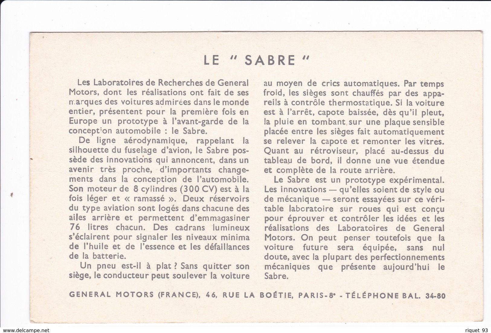 "LE SABRE" Présenté Par GENERAL MOTORS (France) Au 38ème Salon De L'Automobile - Toerisme