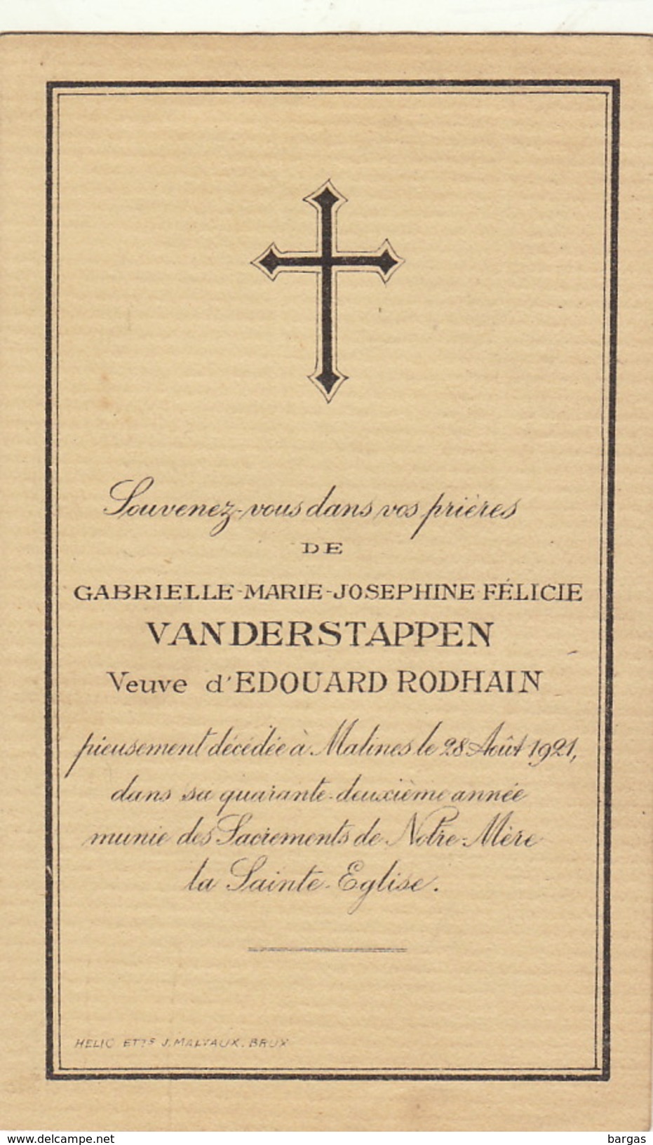 Joséphine Van Der Stappen Veuve Rodhain Malines - Décès