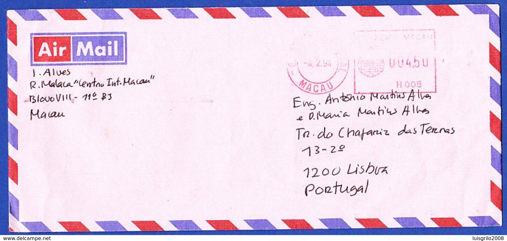 MACAU / MACAO - ENVELOPPE - MACAU A LISBOA, PORTUGAL -- CACHET - E. CENTRAL POSTAL. MACAU, 4.2.94 - Lettres & Documents