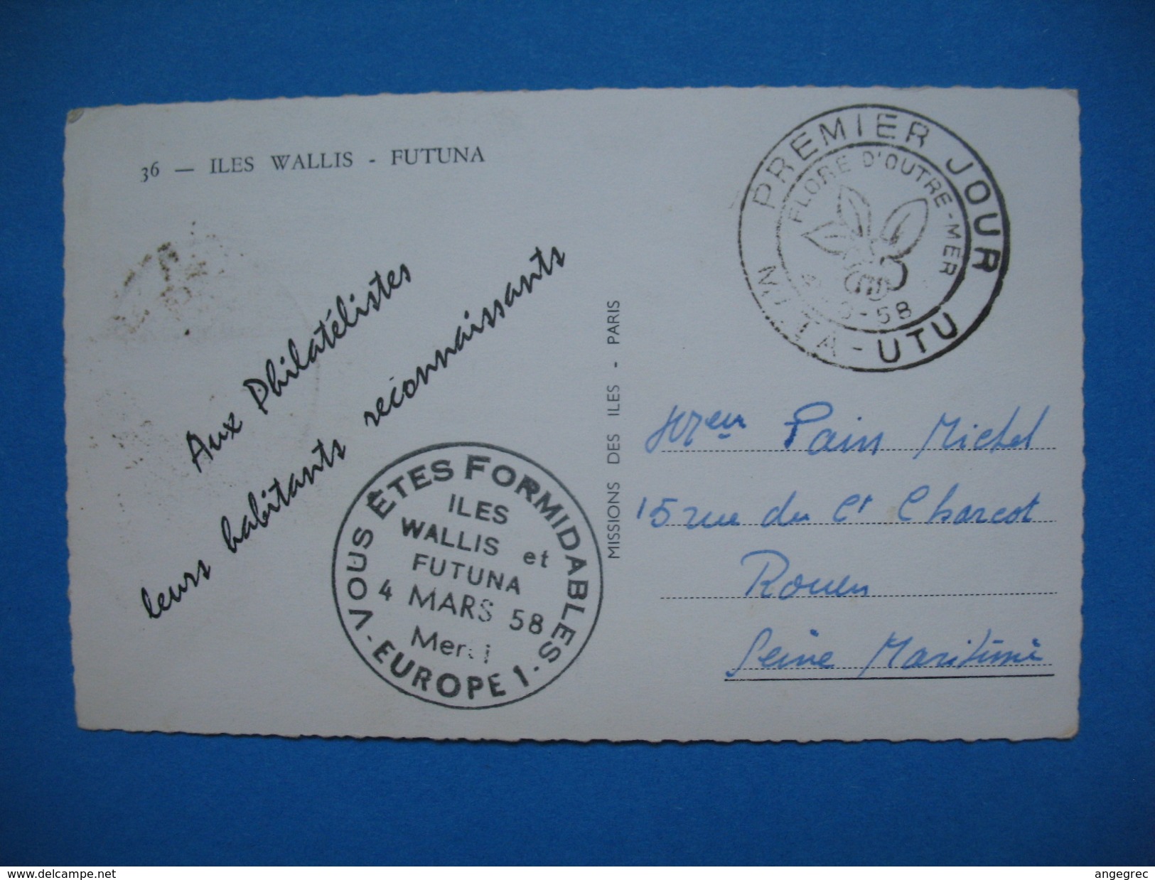 CPA Iles Wallis- Futuna  Premier Jour Mata-Utu Flore D'Outre-Mer 4/3/ 1958 "Aux Philatélistes ... Reconnaissants" à Voir - Used Stamps