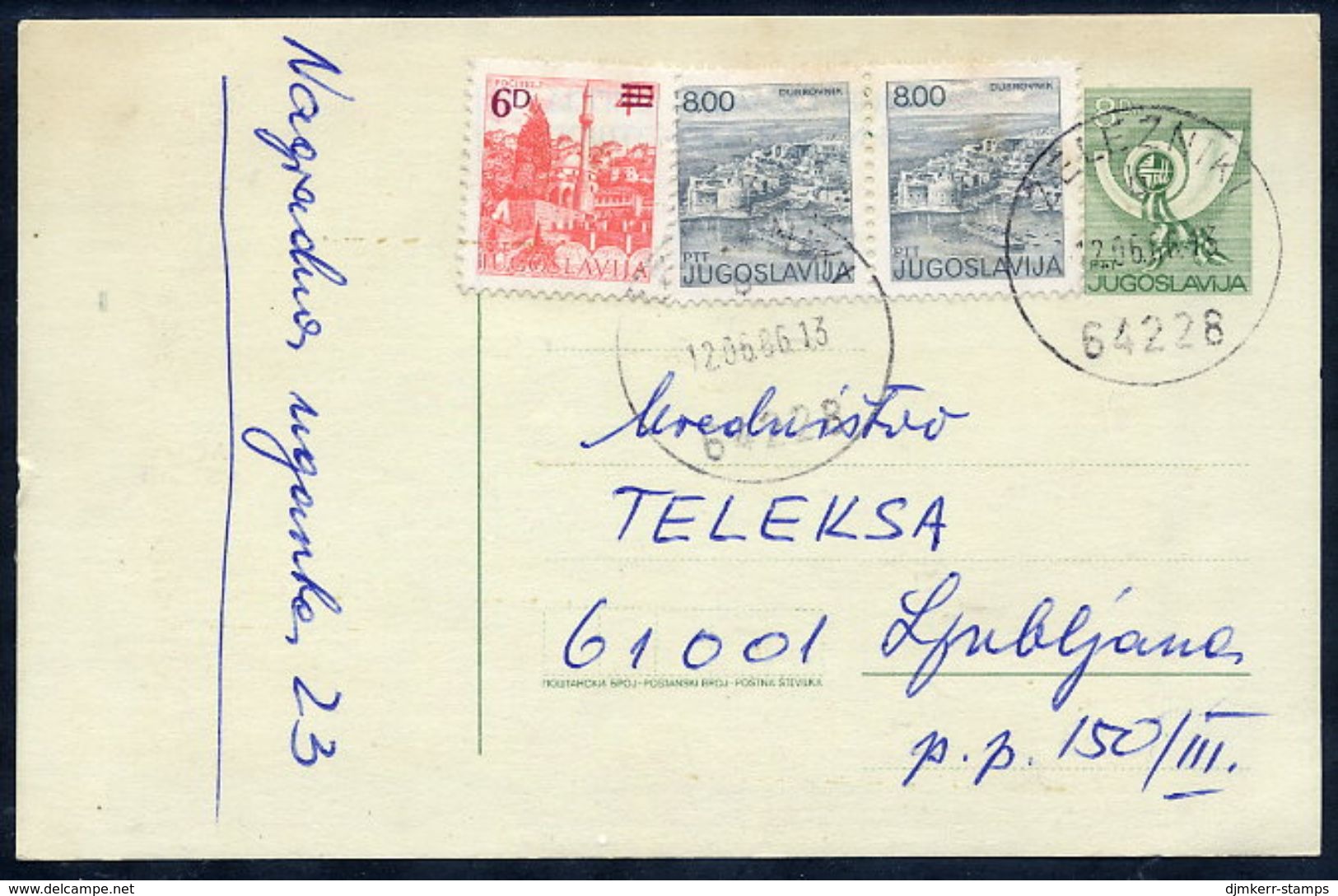 YUGOSLAVIA 1985 Posthorn 8 D. Stationery Card Used With Additional Franking.  Michel  P186 - Postal Stationery