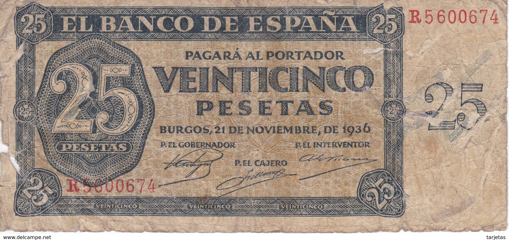 BILLETE DE ESPAÑA DE 25 PTAS DEL 21/11/1936 SERIE R CALIDAD  RC (BANKNOTE) - 25 Peseten