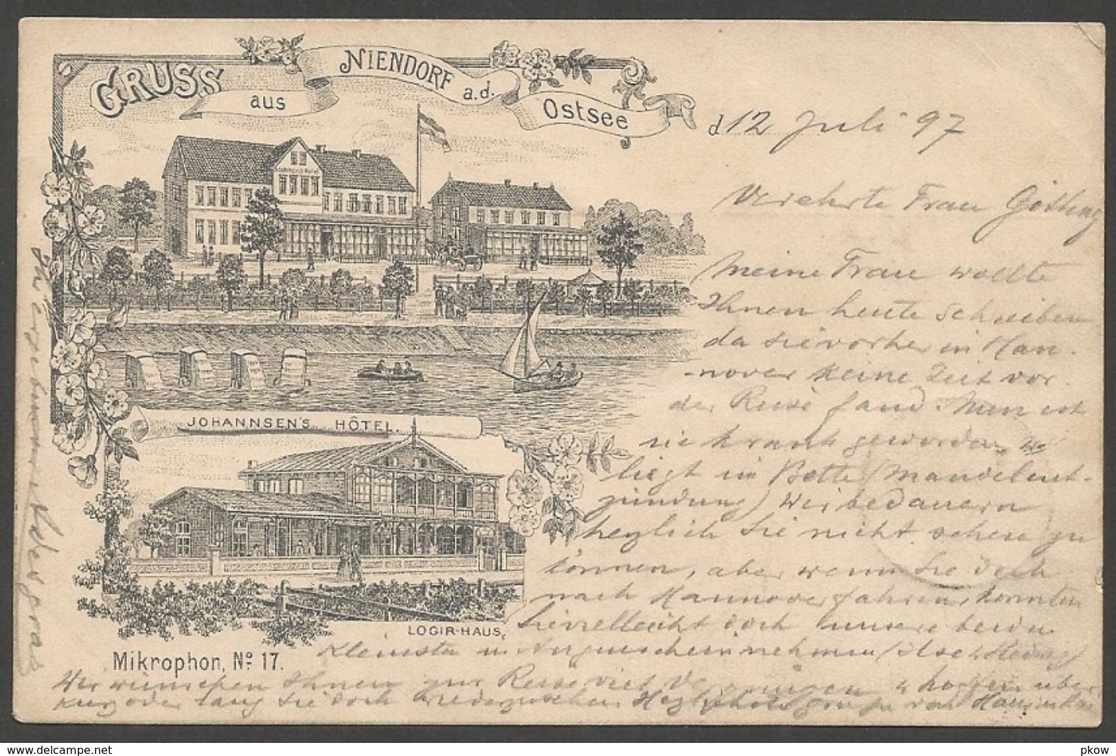 Gruss Aus Niendorf A.d. Ostsee, Lithokarte Aus 1897 Mit Johannsen's Hotel Und Logirhaus, Mikrophon No. 17 - Timmendorfer Strand