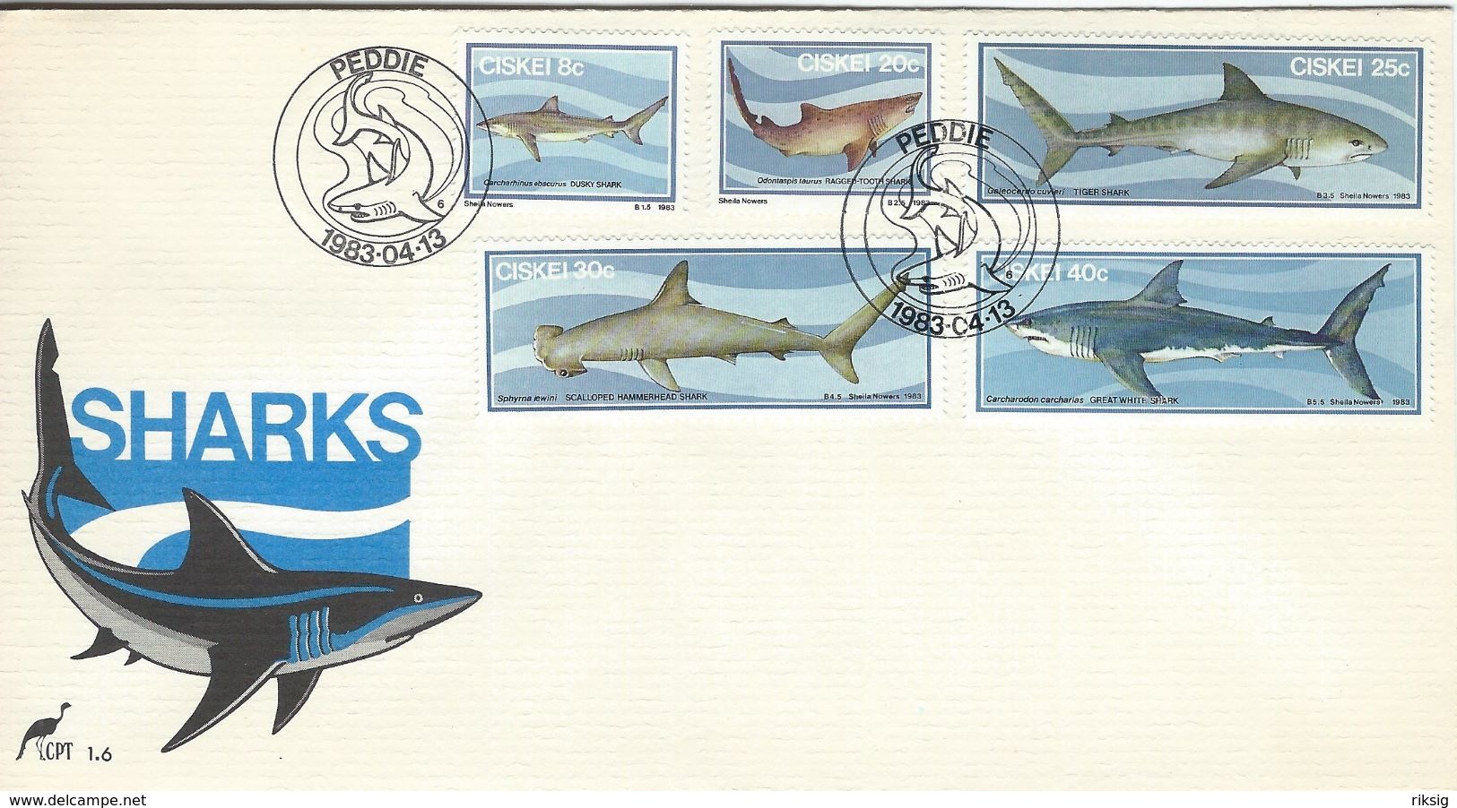 Sharks On Fdc. 1983 Ciskei. Mic 38-42.    # 275 # - Fishes