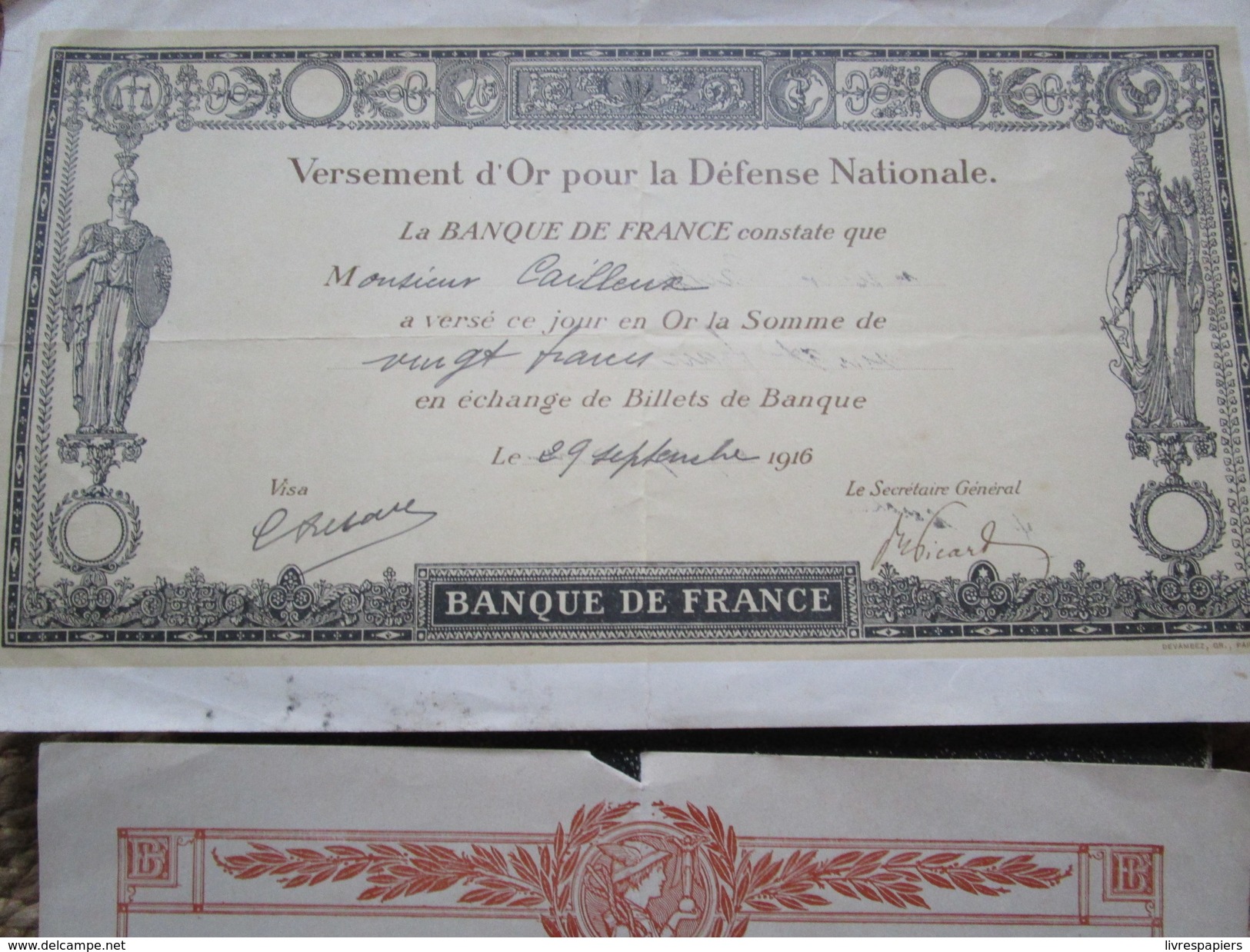 Versement D'or Lot 3 Billet Ou Reçu Defense Nationale Voir Photos 1915/16 - Andere & Zonder Classificatie