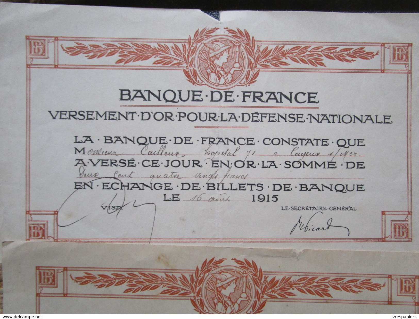 Versement D'or Lot 3 Billet Ou Reçu Defense Nationale Voir Photos 1915/16 - Altri & Non Classificati