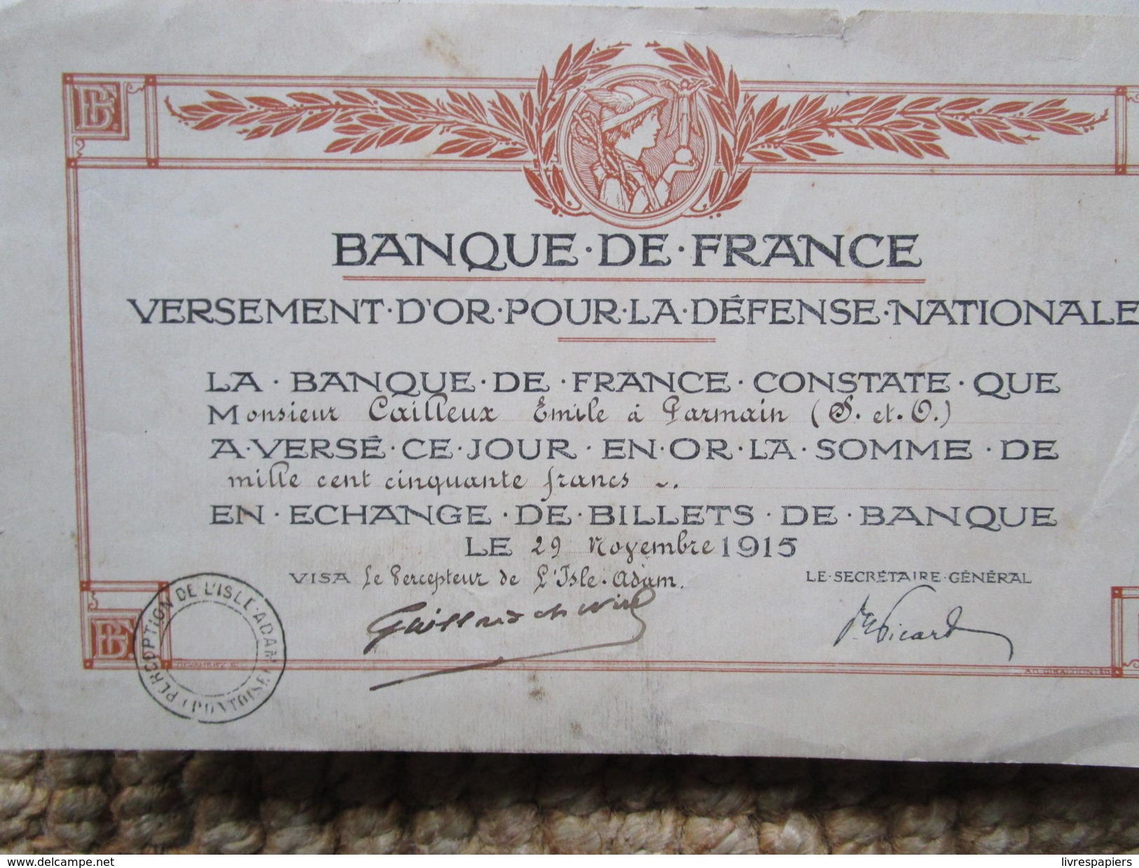 Versement D'or Lot 3 Billet Ou Reçu Defense Nationale Voir Photos 1915/16 - Altri & Non Classificati