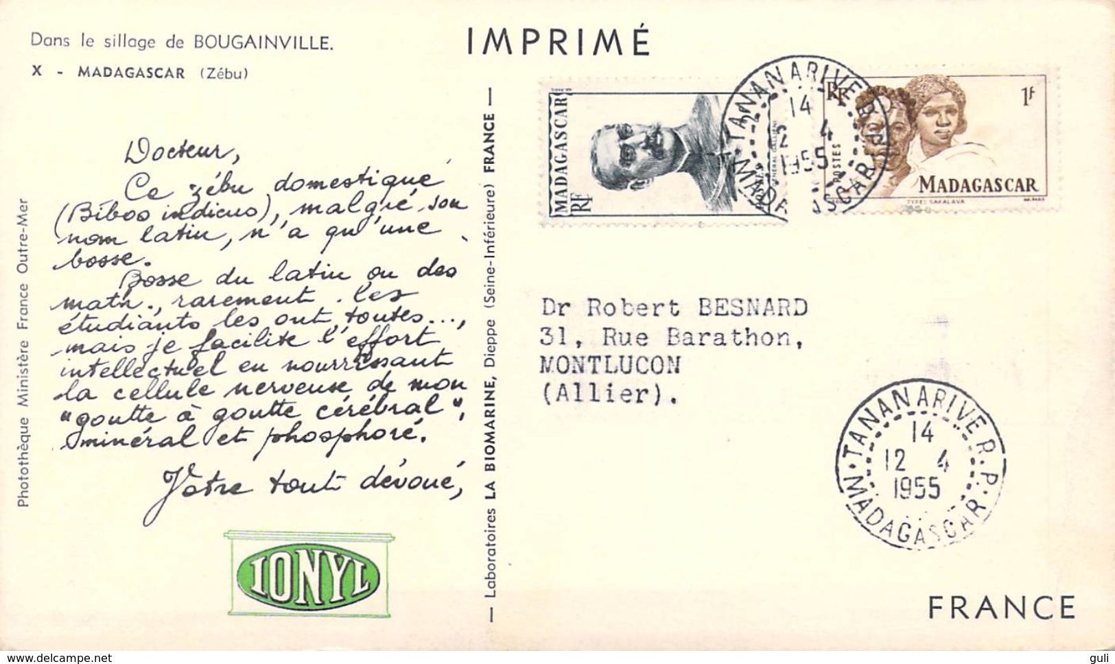 PUB BIOMARINE MADAGASCAR Zébu  Dans Le Sillage De Bougainville X  (Philatélie Timbre Stamp MADAGASCAR 1955 - Madagascar