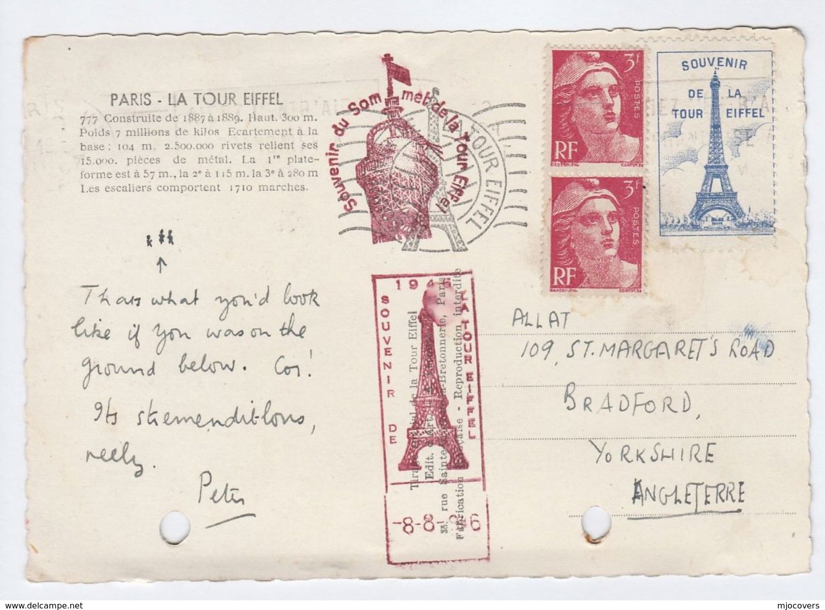 1946 FRANCE COVER With EIFFEL TOWER SOUVENIR LABEL (postcard Eiffel Tower) Stamps Marianne De Gandon - Covers & Documents