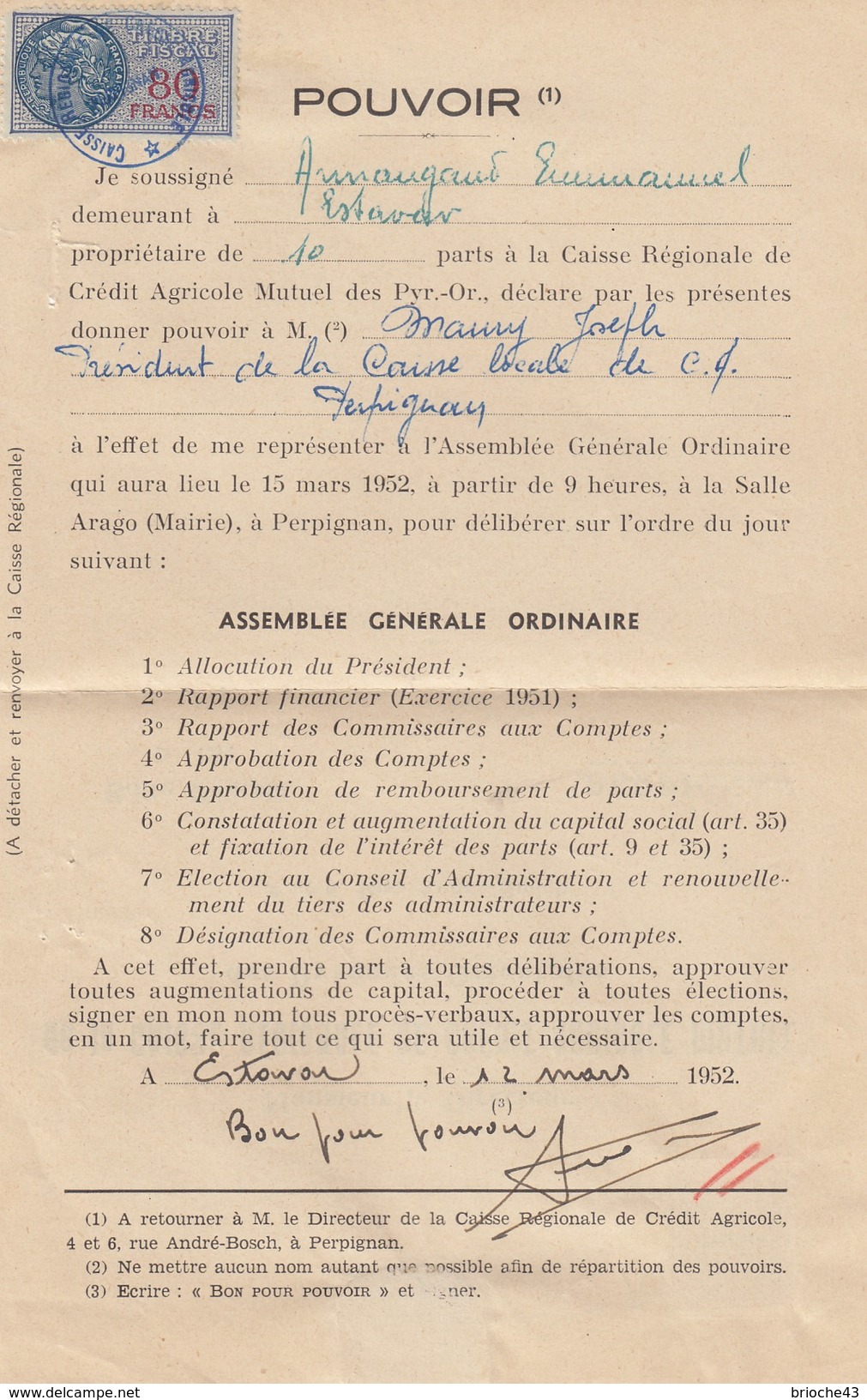 1952 POUVOIR CAISSE RÉGIONALE CRÉDIT AGRICOLE MUTUEL PYRENEES-ORIENTALES -T. FISCAL 80F - /1 - Briefe U. Dokumente