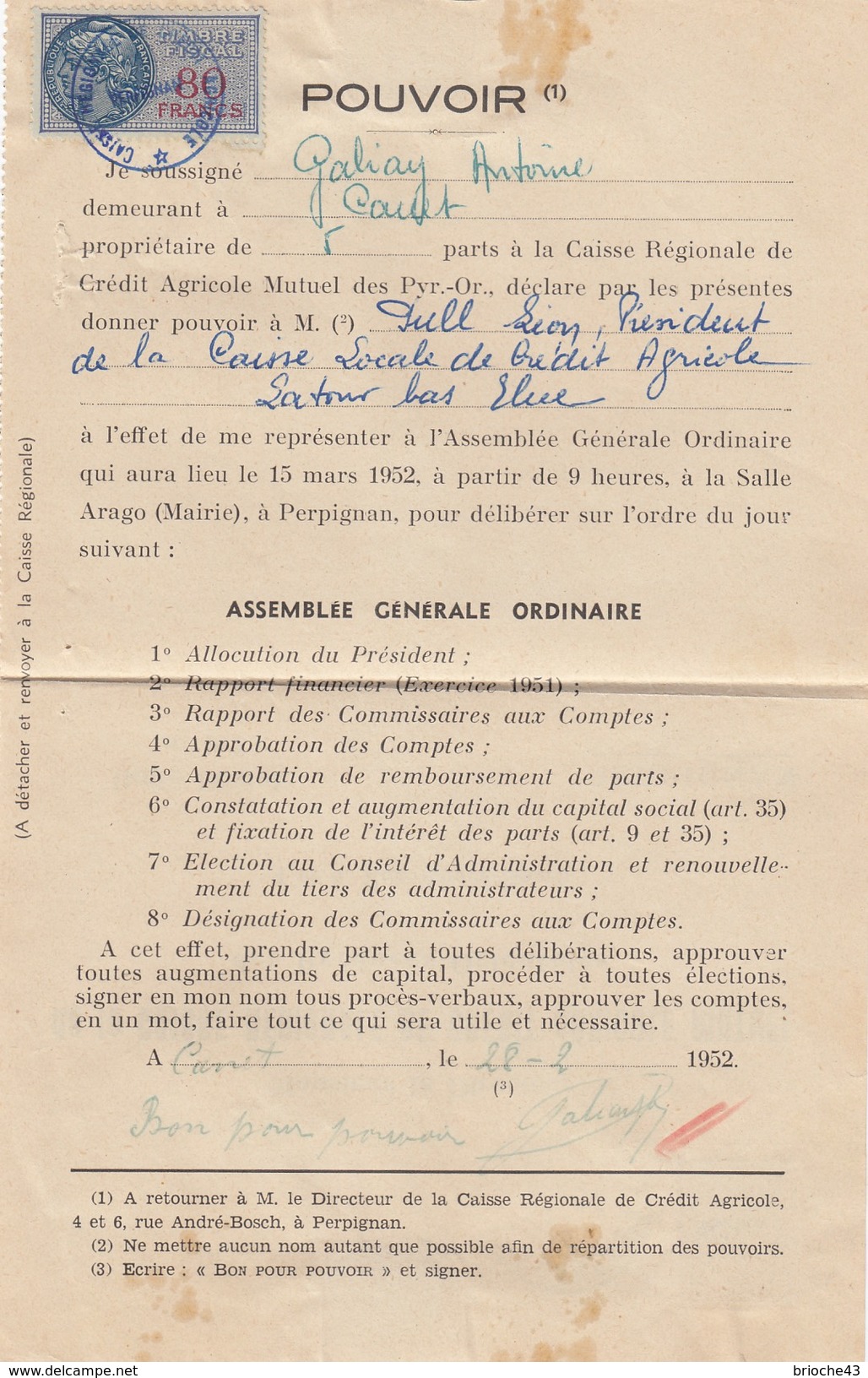 1952 POUVOIR CAISSE RÉGIONALE CRÉDIT AGRICOLE MUTUEL PYRENEES-ORIENTALES -T. FISCAL 80F - CANET /1 - Briefe U. Dokumente