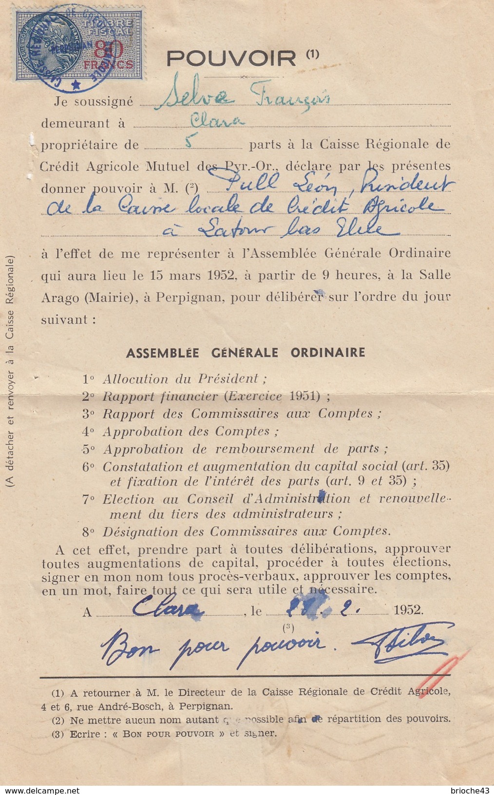 1952 POUVOIR CAISSE RÉGIONALE CRÉDIT AGRICOLE MUTUEL PYRENEES-ORIENTALES -T. FISCAL 80F - CLARA /1 - Briefe U. Dokumente