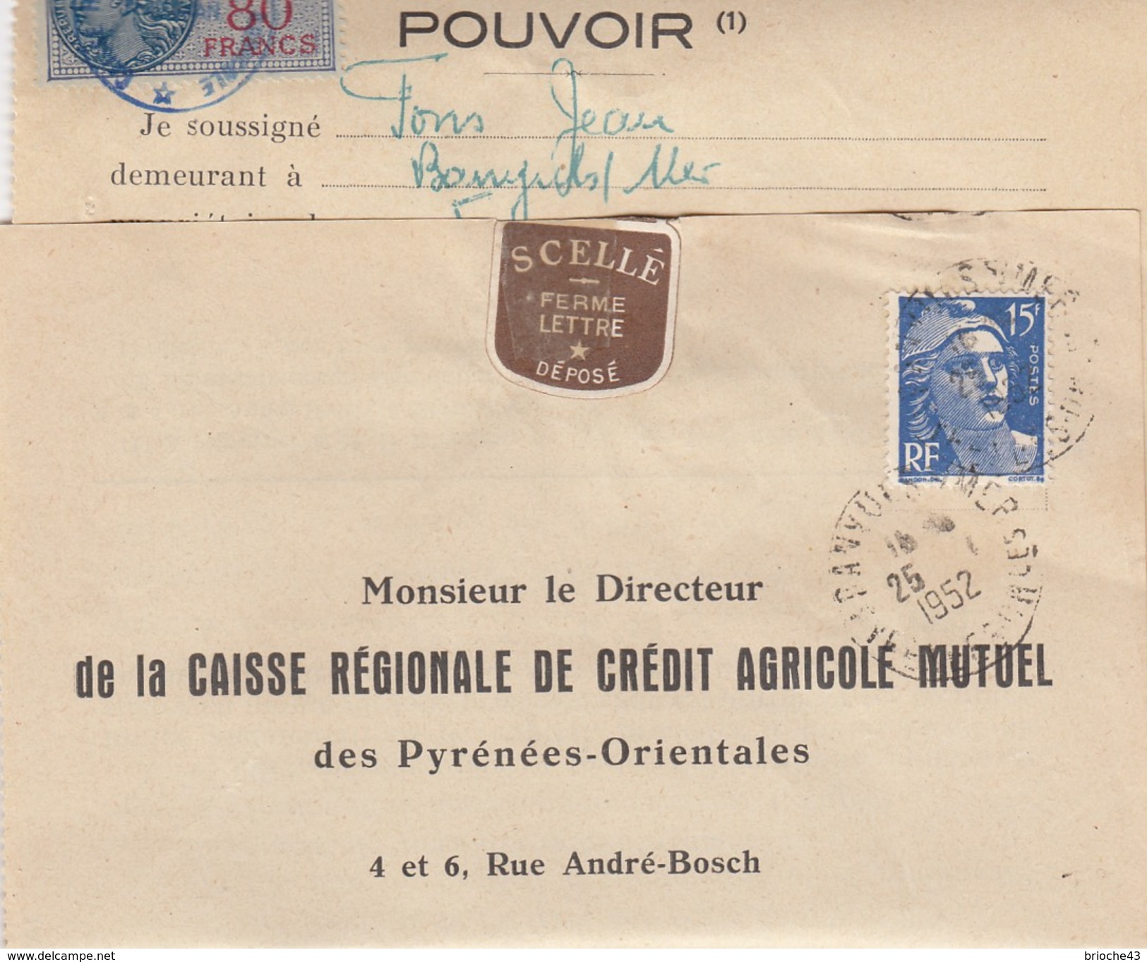 1952 POUVOIR CAISSE RÉGIONALE CRÉDIT AGRICOLE MUTUEL PYRENEES-ORIENTALES -T. FISCAL 80F - BANYULS/MER /1 - Covers & Documents