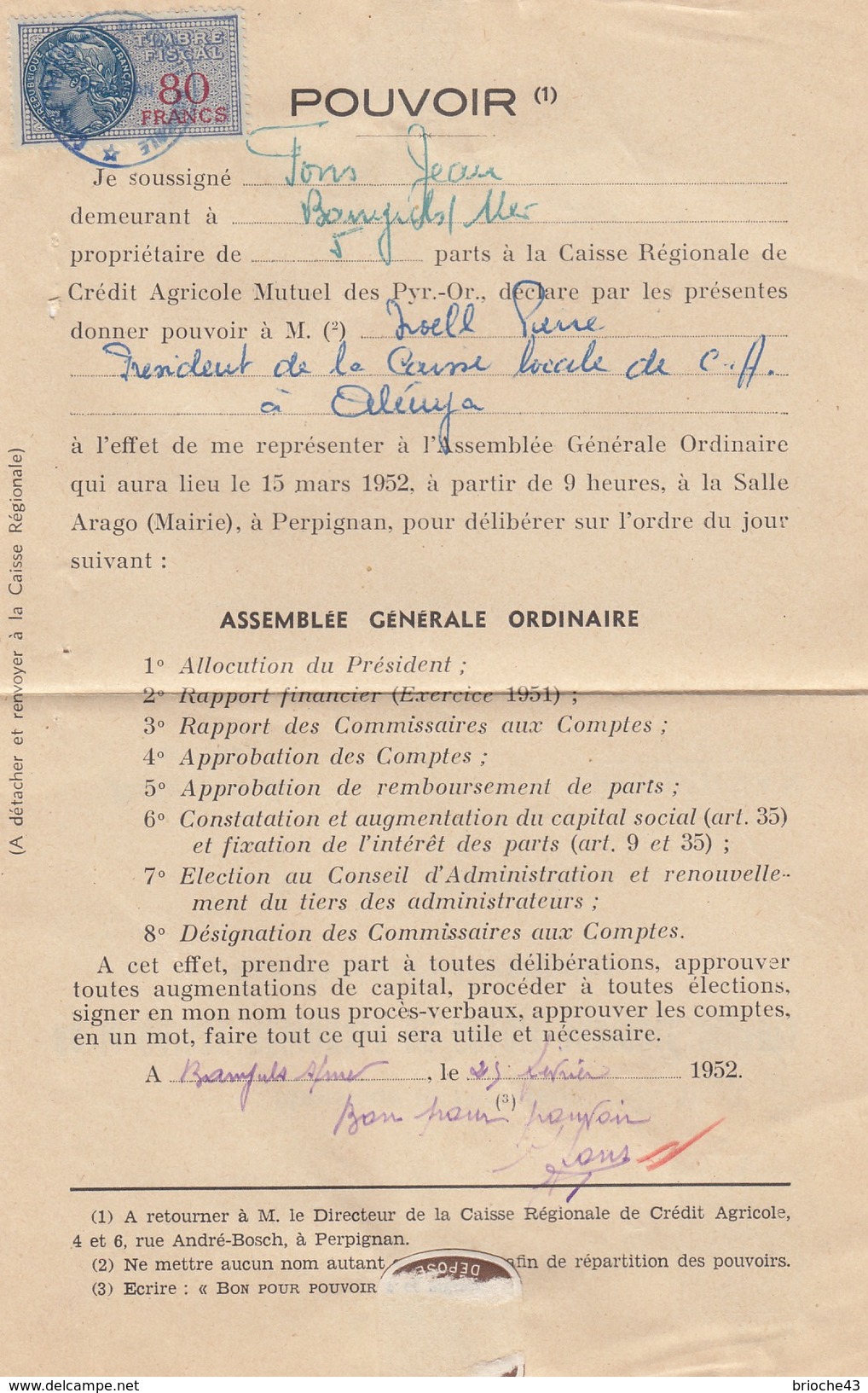 1952 POUVOIR CAISSE RÉGIONALE CRÉDIT AGRICOLE MUTUEL PYRENEES-ORIENTALES -T. FISCAL 80F - BANYULS/MER /1 - Lettres & Documents