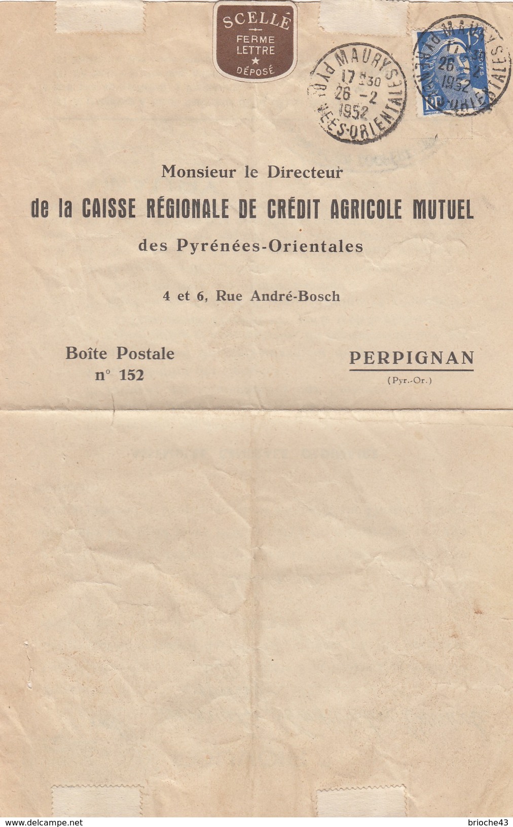 1952 POUVOIR CAISSE RÉGIONALE CRÉDIT AGRICOLE MUTUEL PYRENEES-ORIENTALES -T. FISCAL 80F - MAURY /1 - Storia Postale