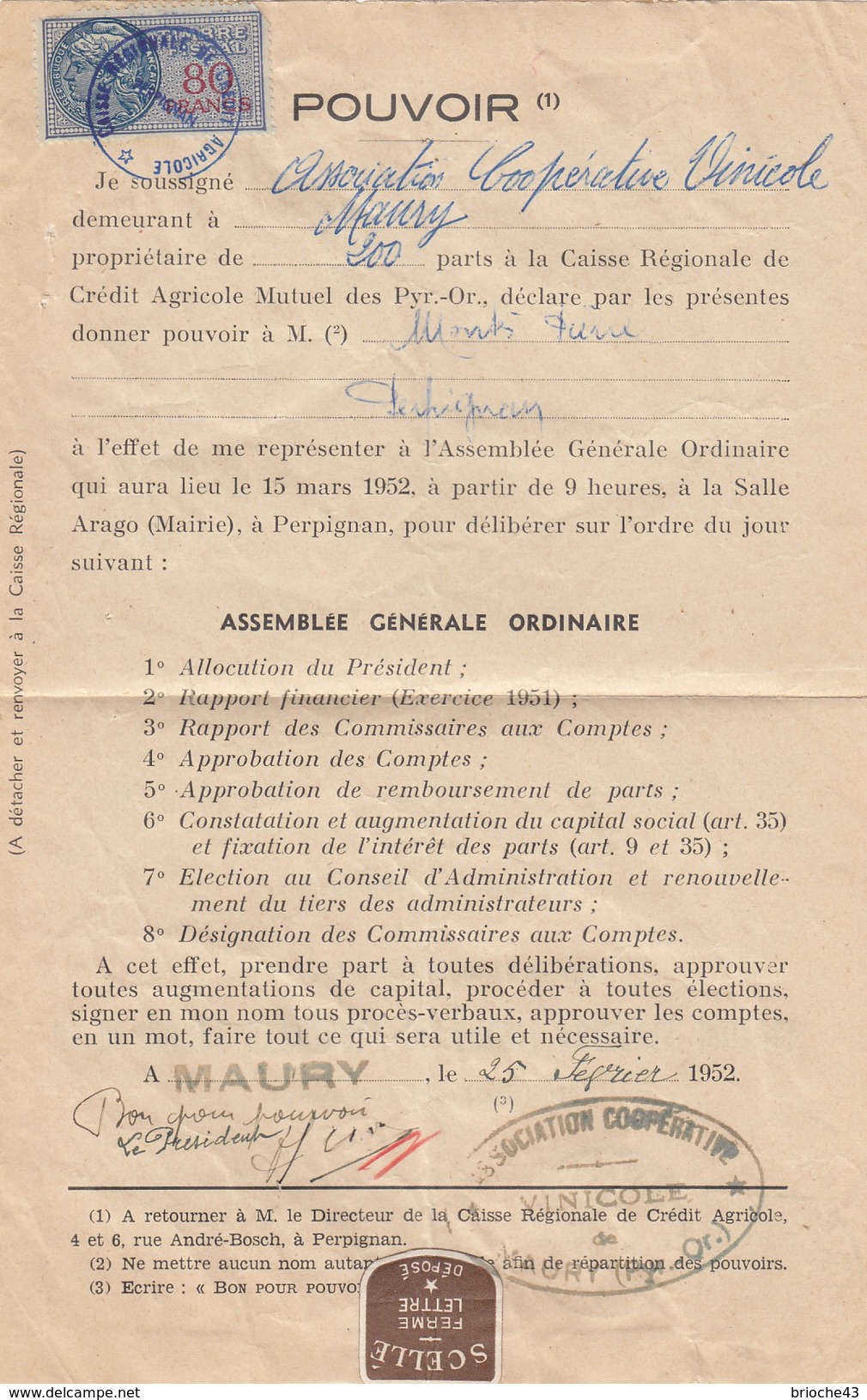 1952 POUVOIR CAISSE RÉGIONALE CRÉDIT AGRICOLE MUTUEL PYRENEES-ORIENTALES -T. FISCAL 80F - MAURY /1 - Covers & Documents