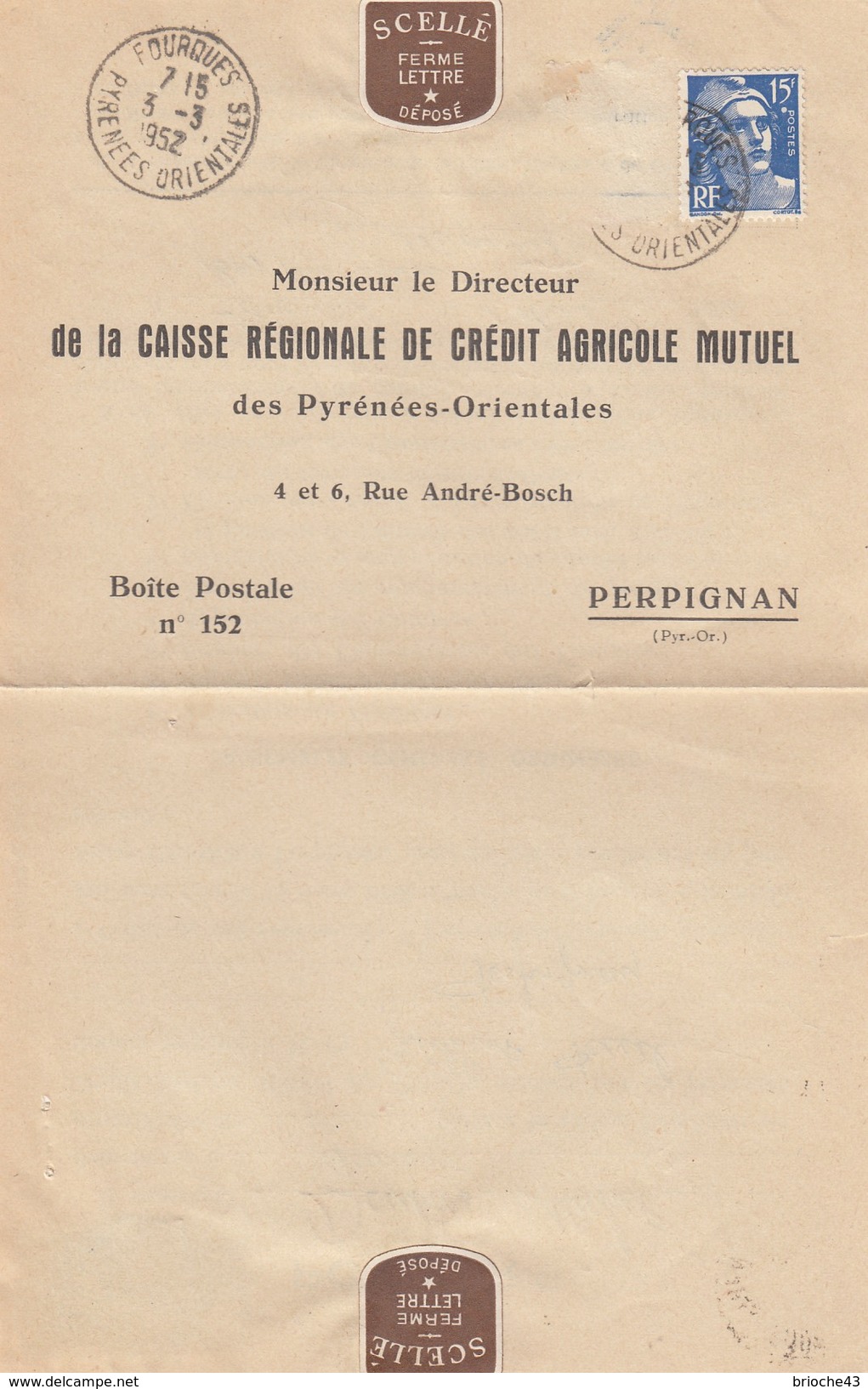 1952 POUVOIR CAISSE RÉGIONALE CRÉDIT AGRICOLE MUTUEL PYRENEES-ORIENTALES -T. FISCAL 80F - FOURQUES  /1 - Covers & Documents