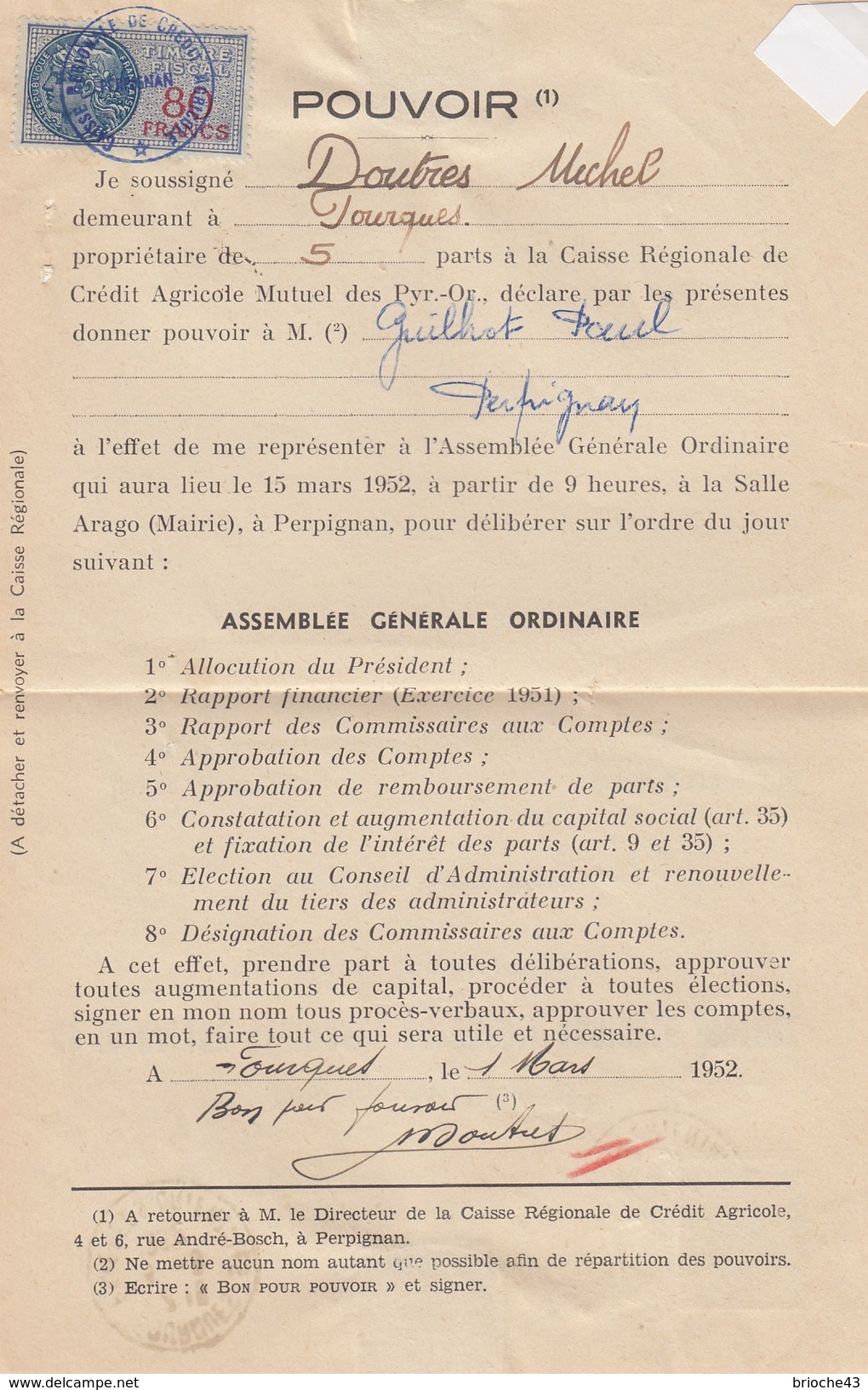 1952 POUVOIR CAISSE RÉGIONALE CRÉDIT AGRICOLE MUTUEL PYRENEES-ORIENTALES -T. FISCAL 80F - FOURQUES  /1 - Covers & Documents