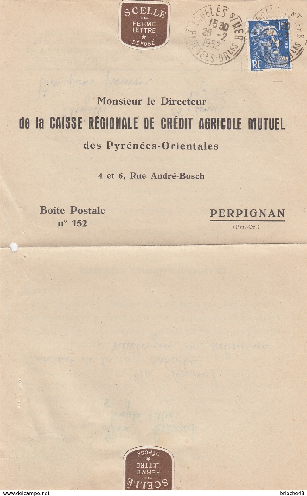 1952 POUVOIR CAISSE RÉGIONALE CRÉDIT AGRICOLE MUTUEL PYRENEES-ORIENTALES -T. FISCAL 80F - ARGELES S/MER /1 - Storia Postale