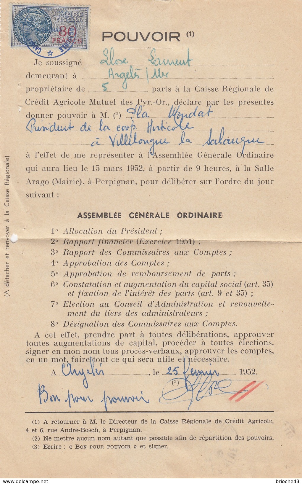 1952 POUVOIR CAISSE RÉGIONALE CRÉDIT AGRICOLE MUTUEL PYRENEES-ORIENTALES -T. FISCAL 80F - ARGELES S/MER /1 - Covers & Documents