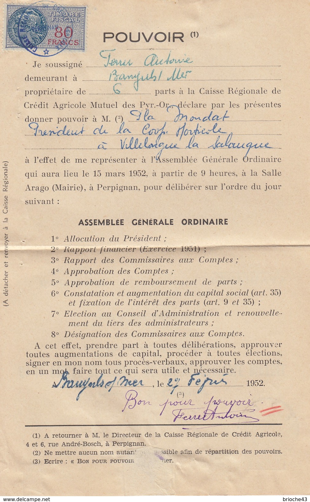 1952 POUVOIR CAISSE RÉGIONALE CRÉDIT AGRICOLE MUTUEL PYRENEES-ORIENTALES -T. FISCAL 80F - BANYULS S/MER /1 - Briefe U. Dokumente