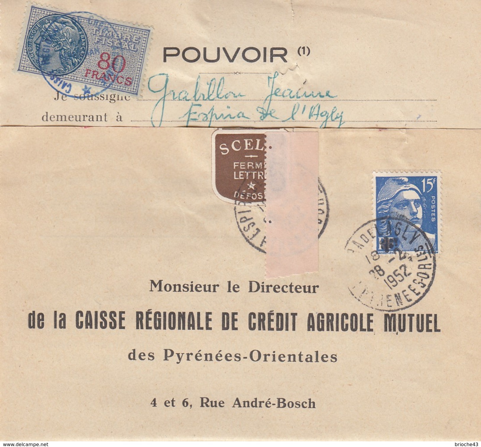1952 POUVOIR CAISSE RÉGIONALE CRÉDIT AGRICOLE MUTUEL PYRENEES-ORIENTALES -T. FISCAL 80F - ESPIRA DE L'AGLY /1 - Storia Postale