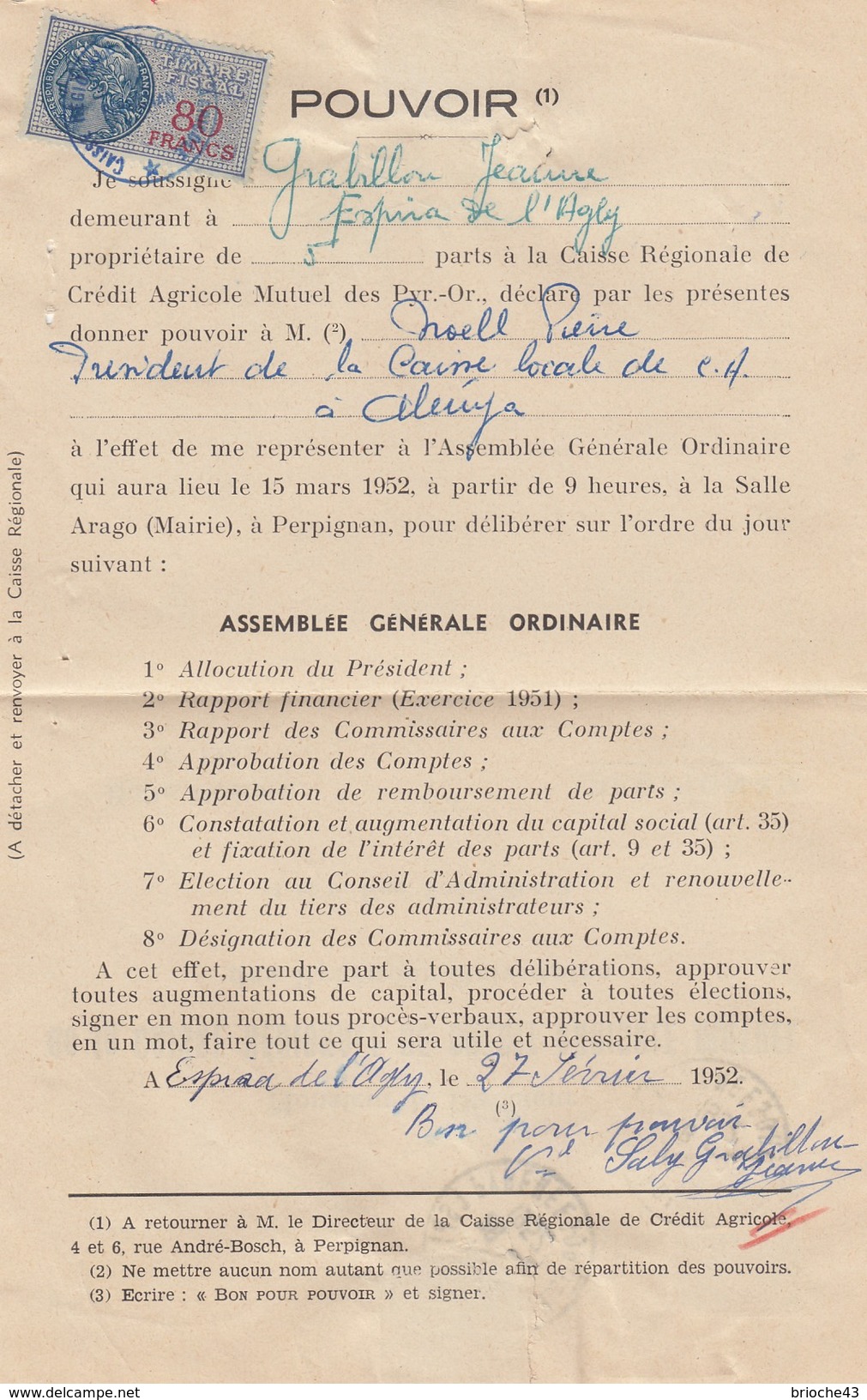 1952 POUVOIR CAISSE RÉGIONALE CRÉDIT AGRICOLE MUTUEL PYRENEES-ORIENTALES -T. FISCAL 80F - ESPIRA DE L'AGLY /1 - Covers & Documents