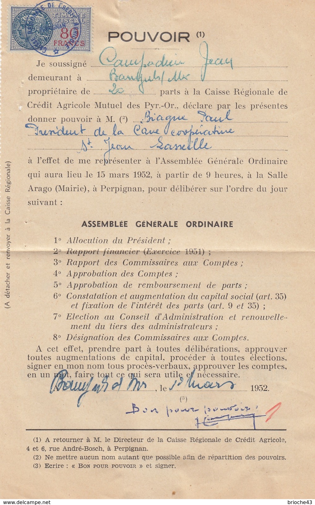 1952 POUVOIR CAISSE RÉGIONALE CRÉDIT AGRICOLE MUTUEL PYRENEES-ORIENTALES -T. FISCAL 80F - BANYULS S/MER /1 - Storia Postale