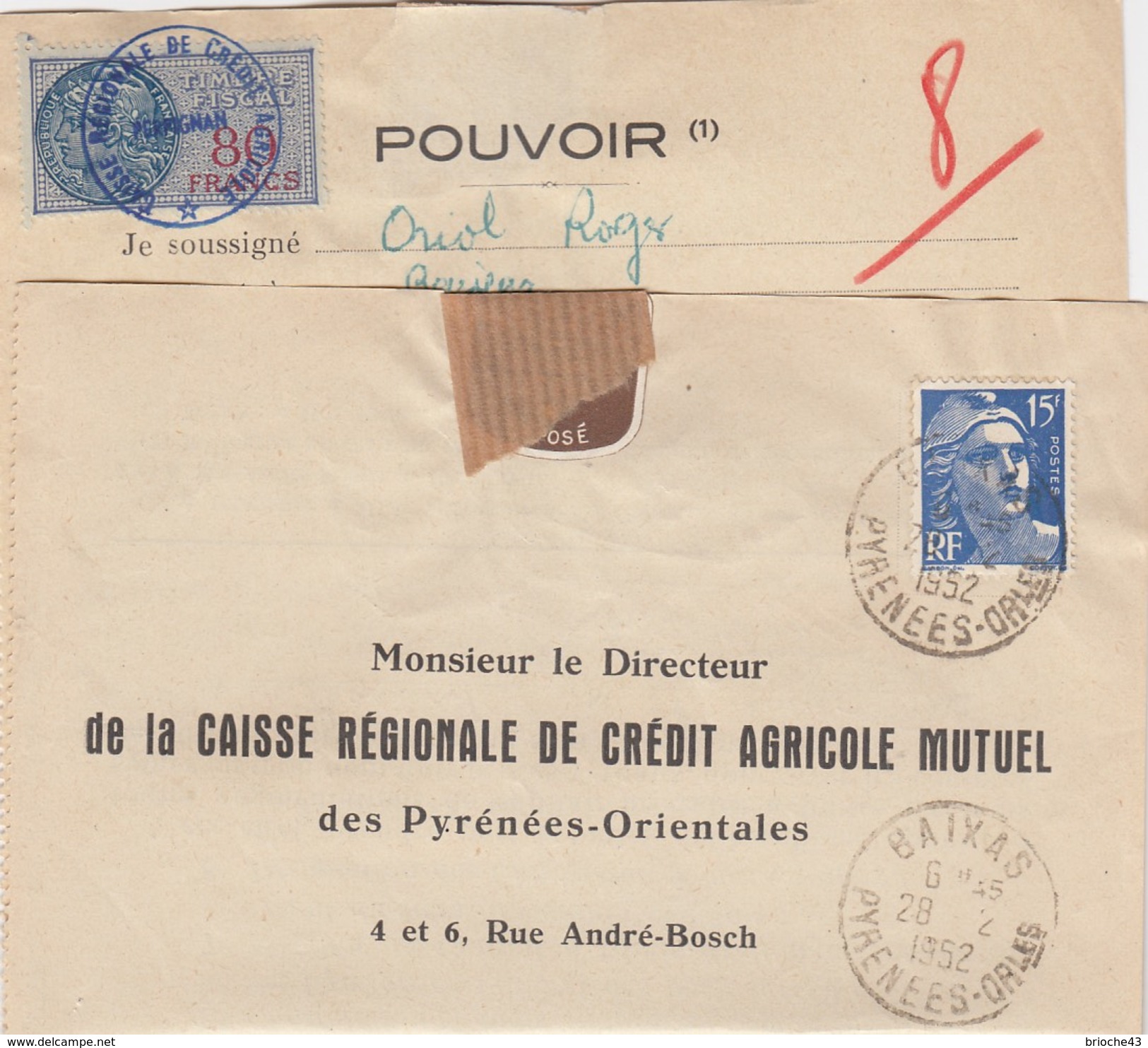 1952 POUVOIR CAISSE RÉGIONALE CRÉDIT AGRICOLE MUTUEL PYRENEES-ORIENTALES -T. FISCAL 80F - BAIXAS /1 - Storia Postale