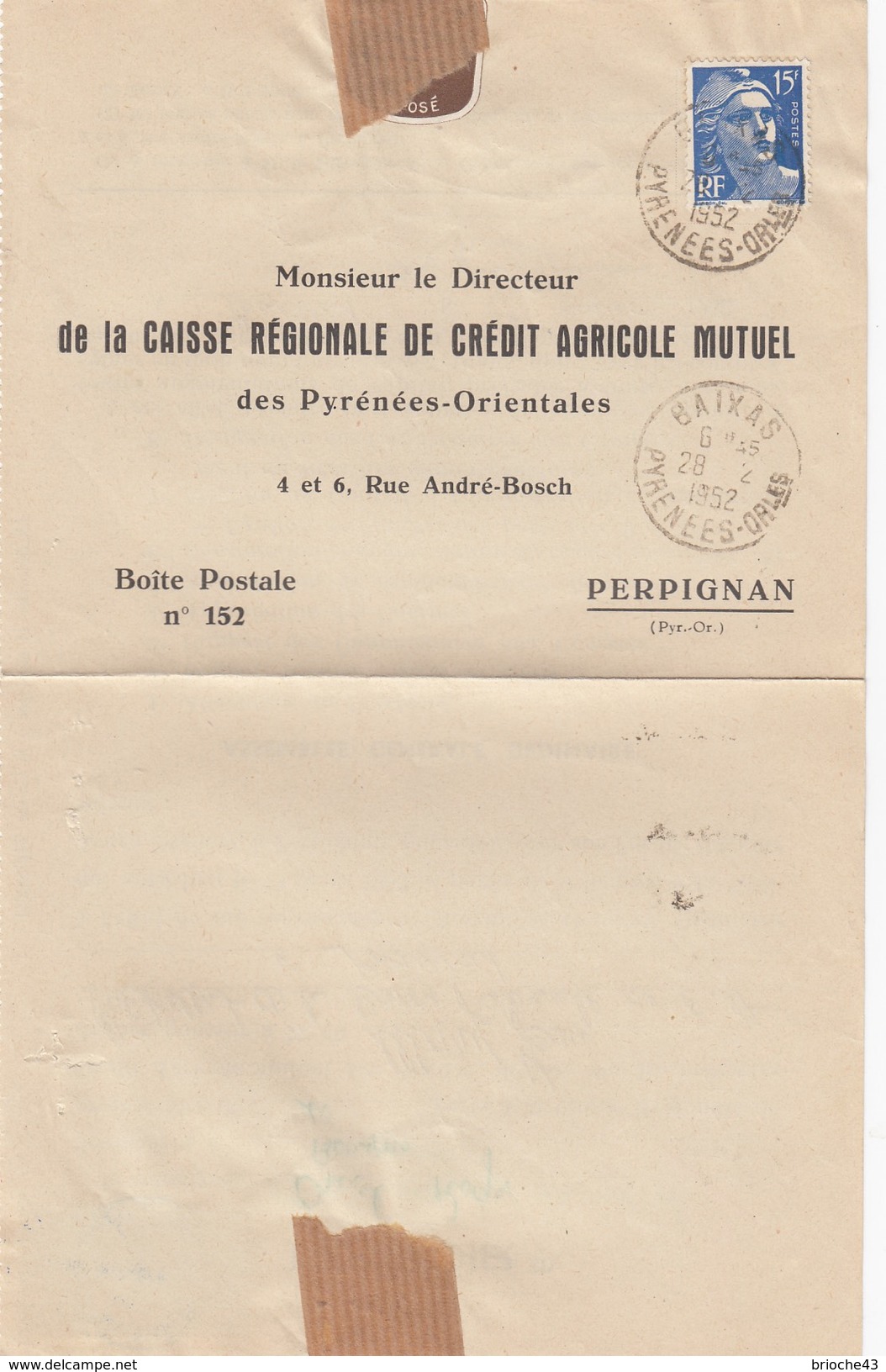 1952 POUVOIR CAISSE RÉGIONALE CRÉDIT AGRICOLE MUTUEL PYRENEES-ORIENTALES -T. FISCAL 80F - BAIXAS /1 - Storia Postale