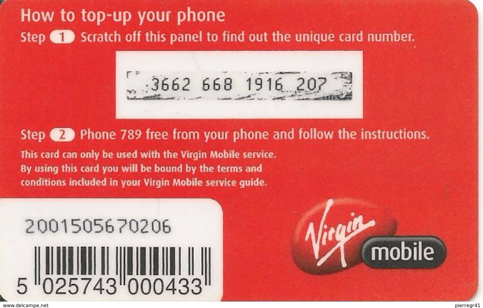 CARTE+PREPAYEE-RECHARGE-GSM-10£-VIRGIN MOBILE GB-Plastic Epais-TBE - Cellphone Cards (refills)