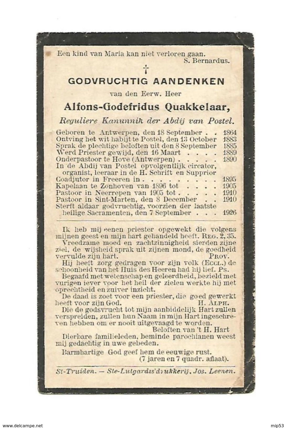 P 157. E.H. ALFONS-G. QUAKKELAAR -Kanunnik POSTEL -°ANTWERPEN 1864 /POSTEL/FREEREN/ZONHOVEN/NEERREPEN/+SINT-MAARTEN 1926 - Images Religieuses