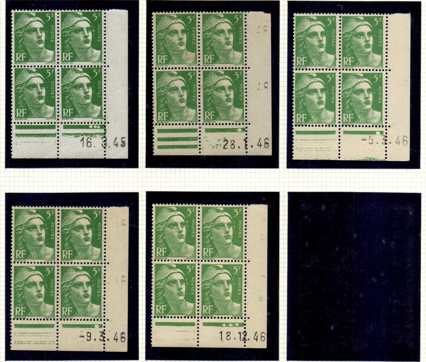 L033	N°719 - 5f Vert Marianne De GANDON 1ère Série - Lot De 5 Coins Datés ** (1 Timbre Avec Rousseur) - 1940-1949