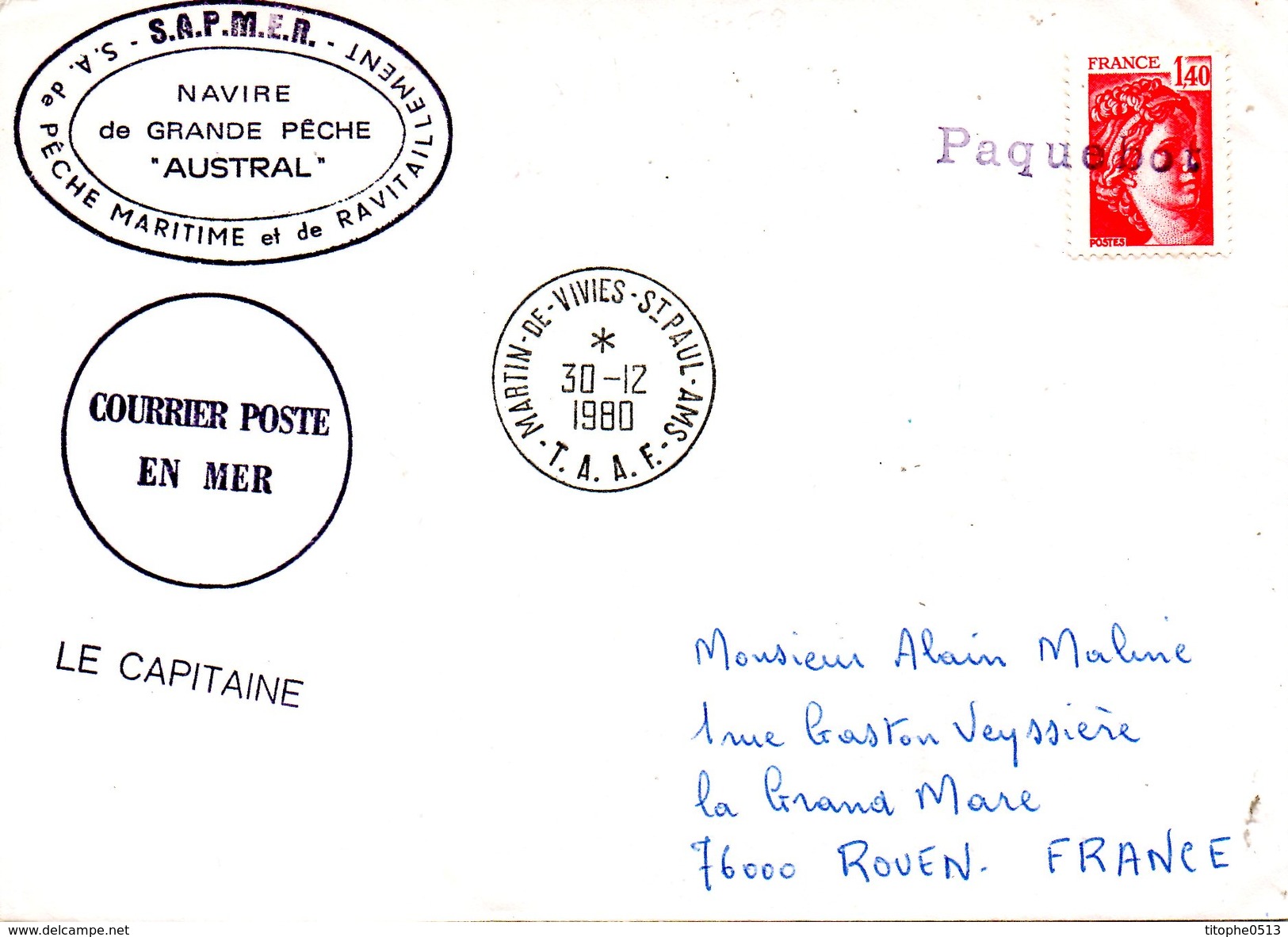 FRANCE. Enveloppe Ayant Circulé En 1980. Navire De Grande Pêche "Austral". - Navires & Brise-glace