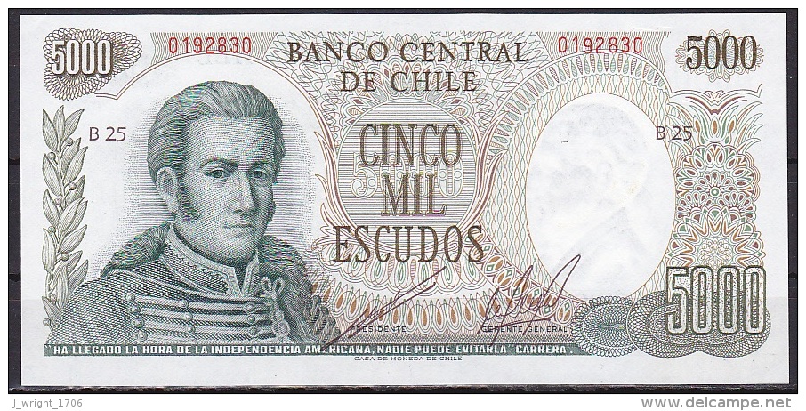 Chile:- 5000 Escudos/P.147b (olive Green Vignette/Sereis B):- UNC - Chile