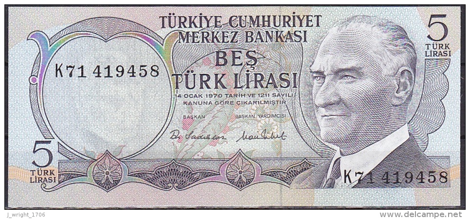 Turkey:- 5 Lira/P.185 (Law Ocak 14 1970/1976):- A-UNC - Turquie