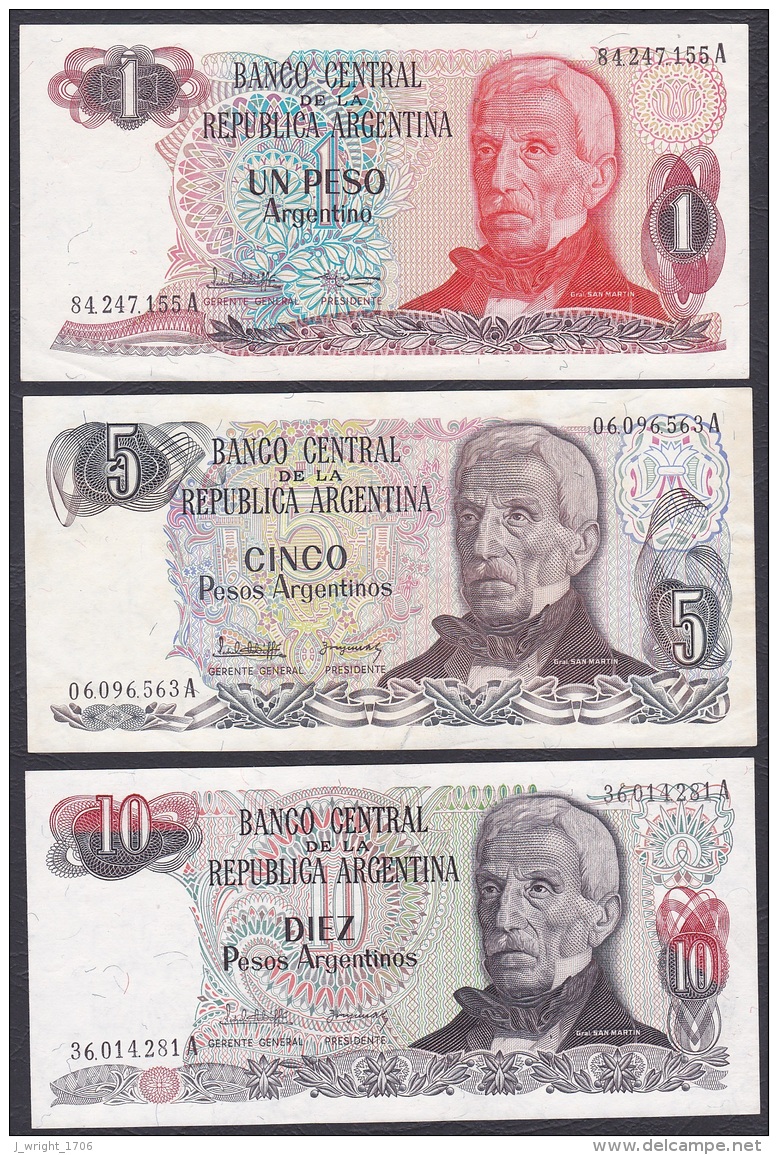 Argentina/3 X Banknotes:- 1, 5 &amp; 10 Pesos Argentino/P.311/312/313 (1983-85):- VF To EF - Argentina